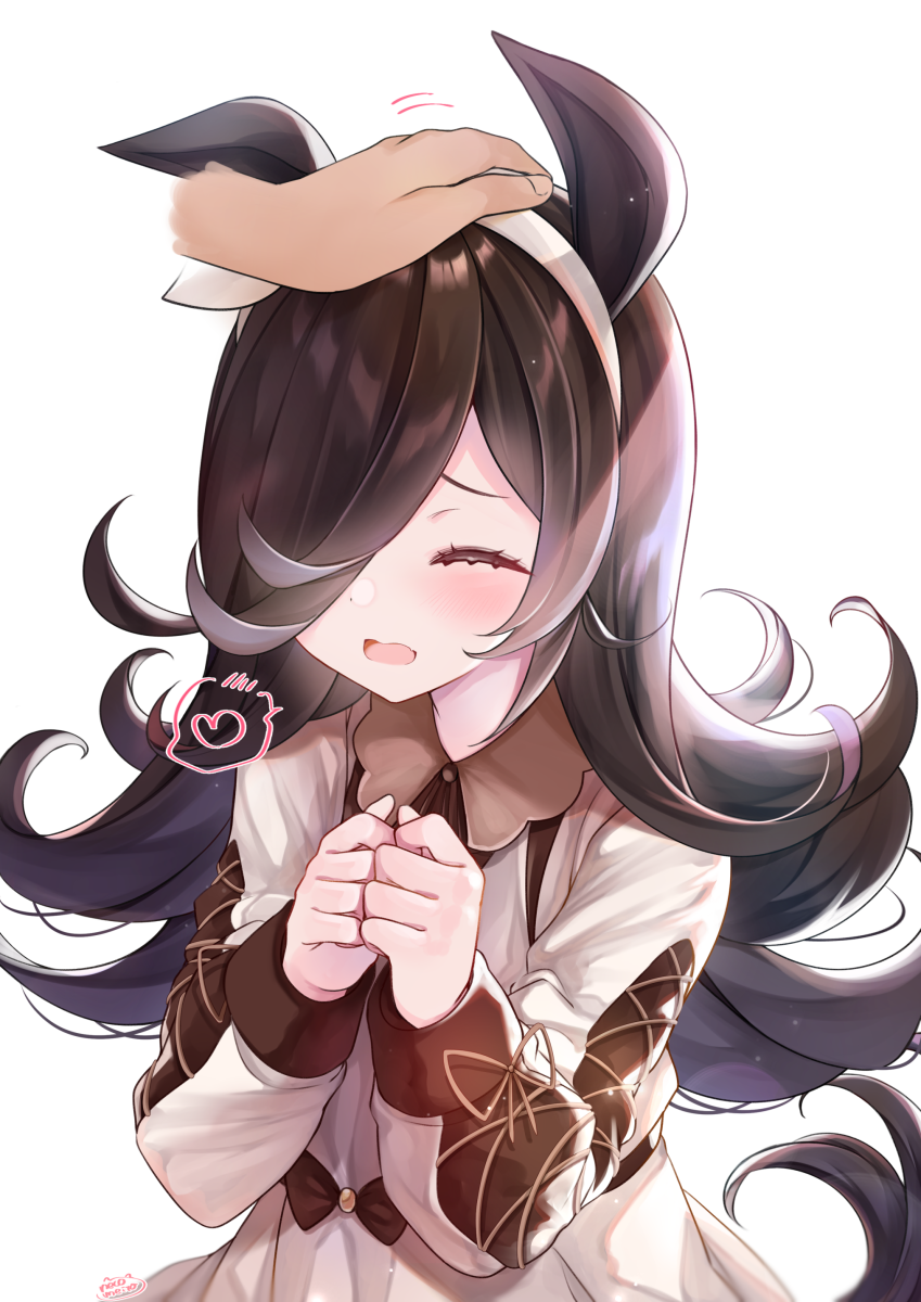 1boy 1girl animal_ears arms_up bangs beige_dress blush bow bow_hairband brown_bow brown_dress brown_hair closed_eyes collar collared_dress cross-laced_footwear dress dress_bow frilled_dress frills hair_over_one_eye hairband hands_up headpat heart highres horse_ears horse_girl horse_tail lace lace-trimmed_sleeves lace-up_heels lace_trim long_bangs long_hair long_sleeves neco_meito nervous open_mouth own_hands_together pov pov_hands rice_shower_(umamusume) simple_background spoken_heart tail trainer_(umamusume) two-tone_dress umamusume v_arms white_background white_bow white_hairband