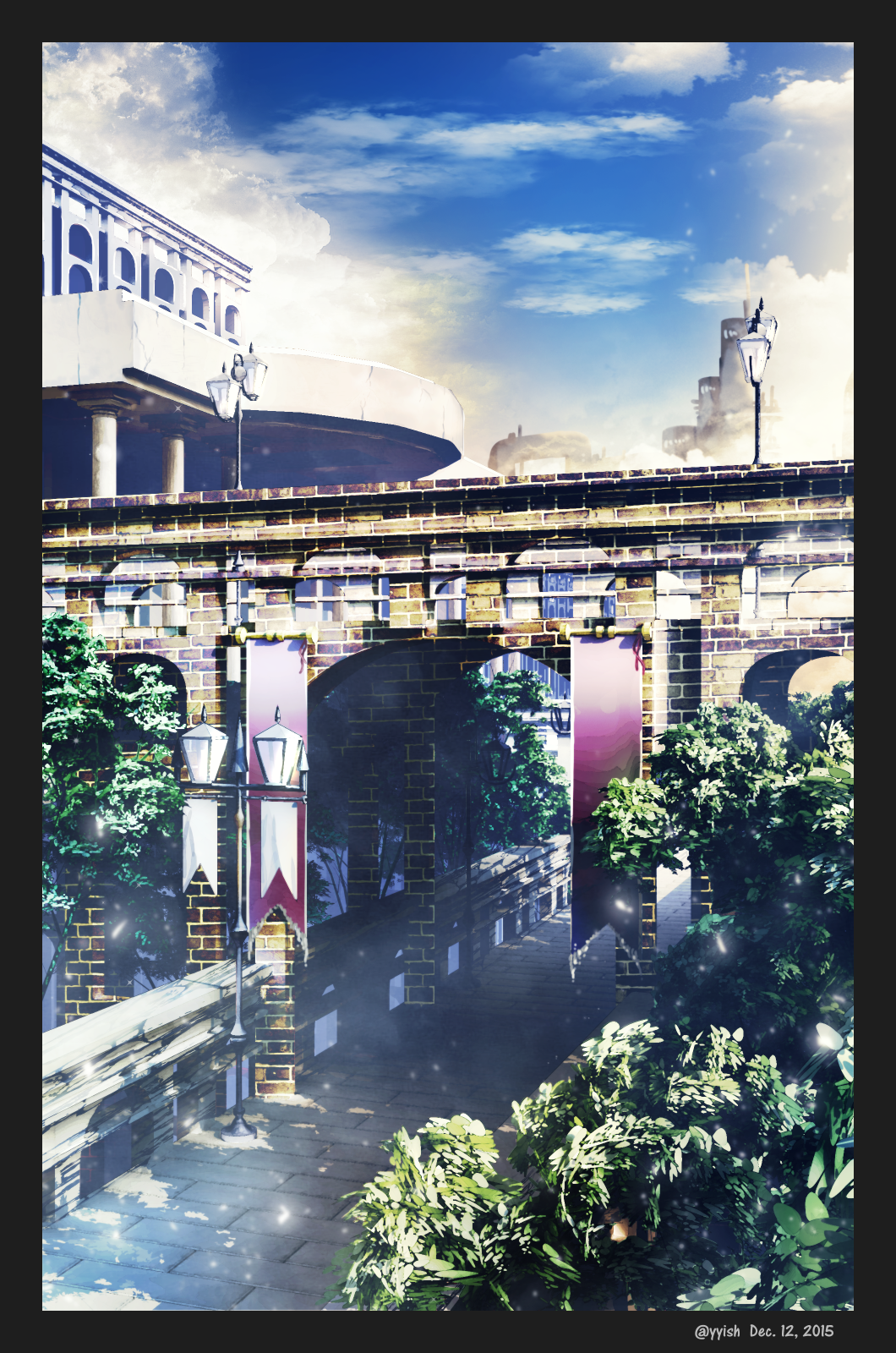 artist_name black_border blue_sky border bridge clouds commentary_request dated day english_text highres lamppost no_humans original outdoors pennant scenery sky tree waisshu_(sougyokyuu) watermark