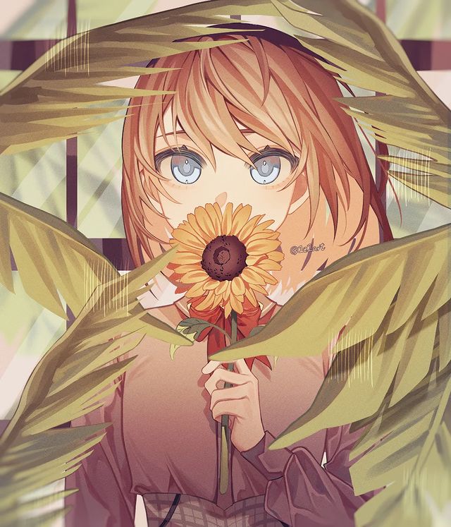 1girl 1z1art bangs blue_eyes blurry brown_hair chinese_commentary commentary_request covered_mouth eyelashes flower hair_between_eyes holding holding_flower instagram_username long_hair looking_at_viewer neck_ribbon plant red_ribbon ribbon solo standing upper_body