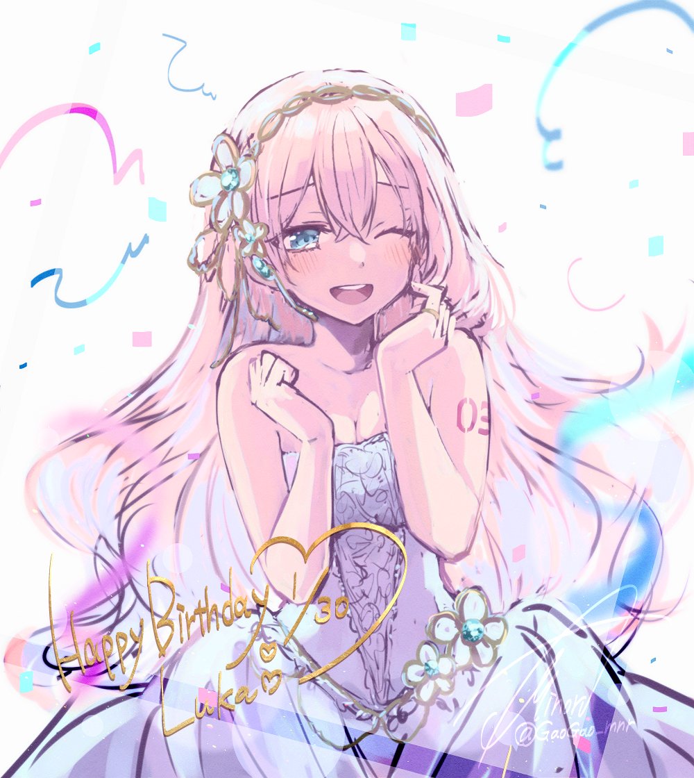 1girl asagao_minoru backlighting bare_arms blue_eyes character_name collarbone commentary confetti dress dress_flower flower hair_flower hair_ornament hairband hands_up happy_birthday heart jewelry light_blush long_hair looking_at_viewer megurine_luka one_eye_closed open_mouth pink_hair ring shoulder_tattoo smile solo strapless strapless_dress streamers tattoo upper_body very_long_hair vocaloid white_background white_dress