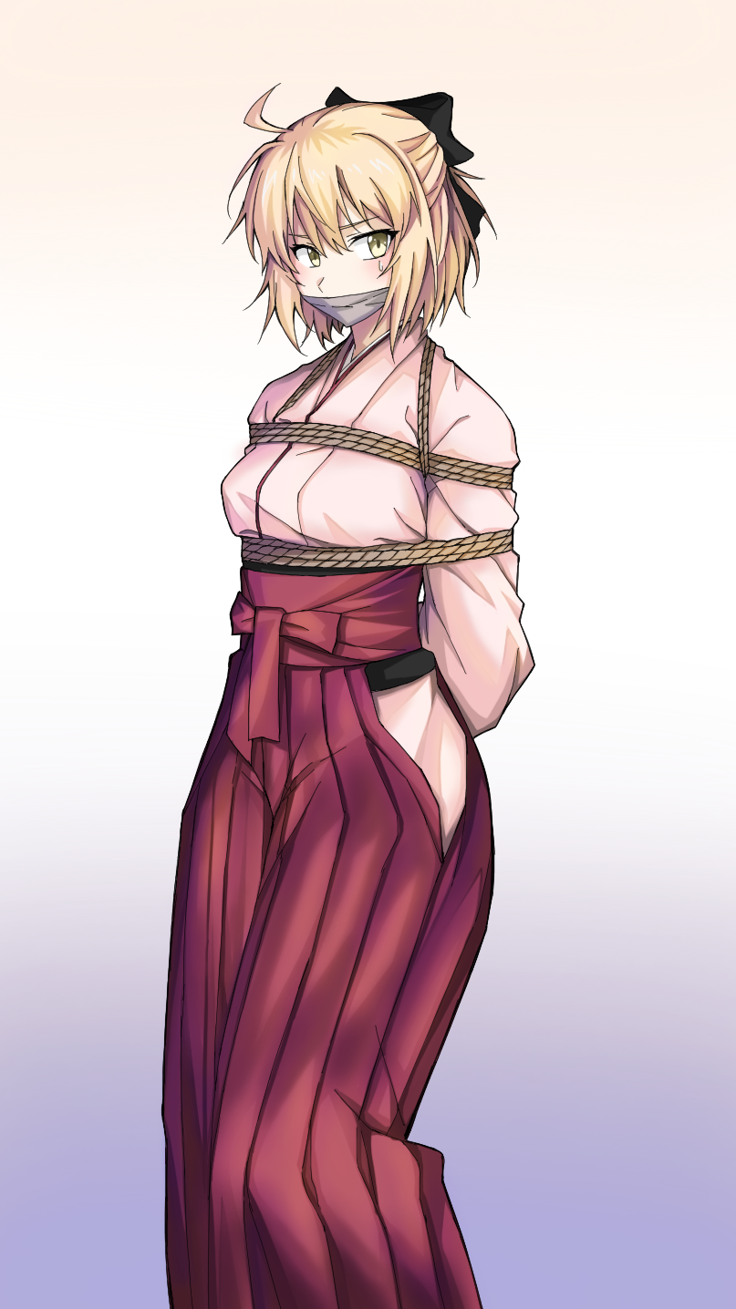 1girl ahoge arms_behind_back blonde_hair bound bow fate/grand_order fate_(series) gag gagged gradient gradient_background hair_bow hakama hakama_skirt hao718 highres japanese_clothes kimono okita_souji_(fate) okita_souji_(koha-ace) restrained rope skirt tied_up_(nonsexual) yellow_eyes