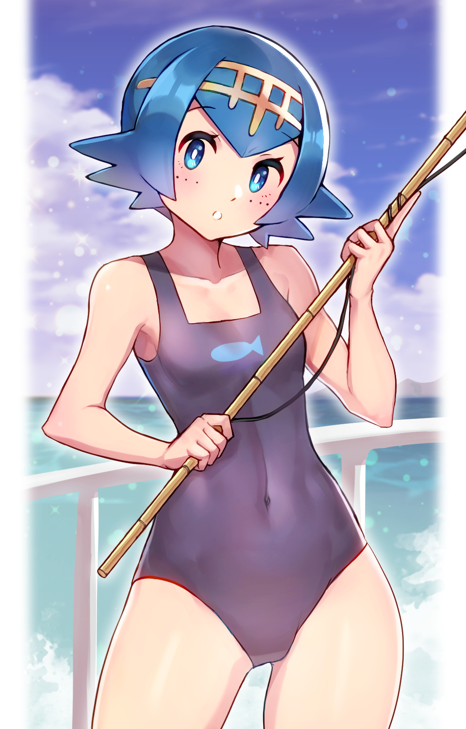 1girl bare_arms blue_eyes blue_hair blush breasts bright_pupils clouds commentary_request covered_navel cowboy_shot day fence fishing_rod freckles hairband highres holding holding_fishing_rod lana_(pokemon) looking_at_viewer no_sclera one-piece_swimsuit outdoors parted_lips pokemon pokemon_(game) pokemon_sm short_hair sky solo swimsuit water white_pupils yasu_suupatenin yellow_hairband