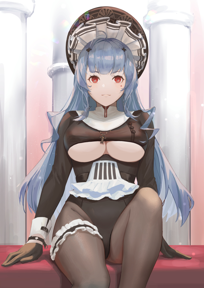1girl azur_lane black_dress black_gloves black_legwear blue_hair breasts clothing_cutout cross cross_necklace dress gloves jewelry long_hair looking_at_viewer maid_headdress marco_polo_(azur_lane) marco_polo_(the_queen_of_hearts)_(azur_lane) medium_breasts necklace official_alternate_costume olin_(nienxddd) pantyhose red_eyes sitting thigh_strap under_boob underboob_cutout