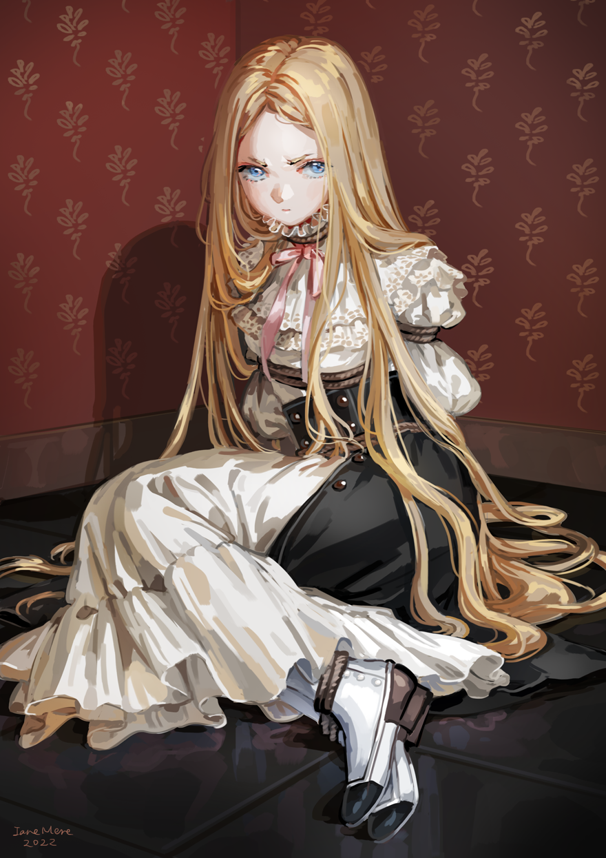 1girl bangs blonde_hair blue_eyes bound dress frilled_dress frills highres indoors jane_mere long_hair long_sleeves neck_ribbon on_floor original parted_bangs red_ribbon ribbon signature solo tied_up_(nonsexual) very_long_hair white_dress white_footwear