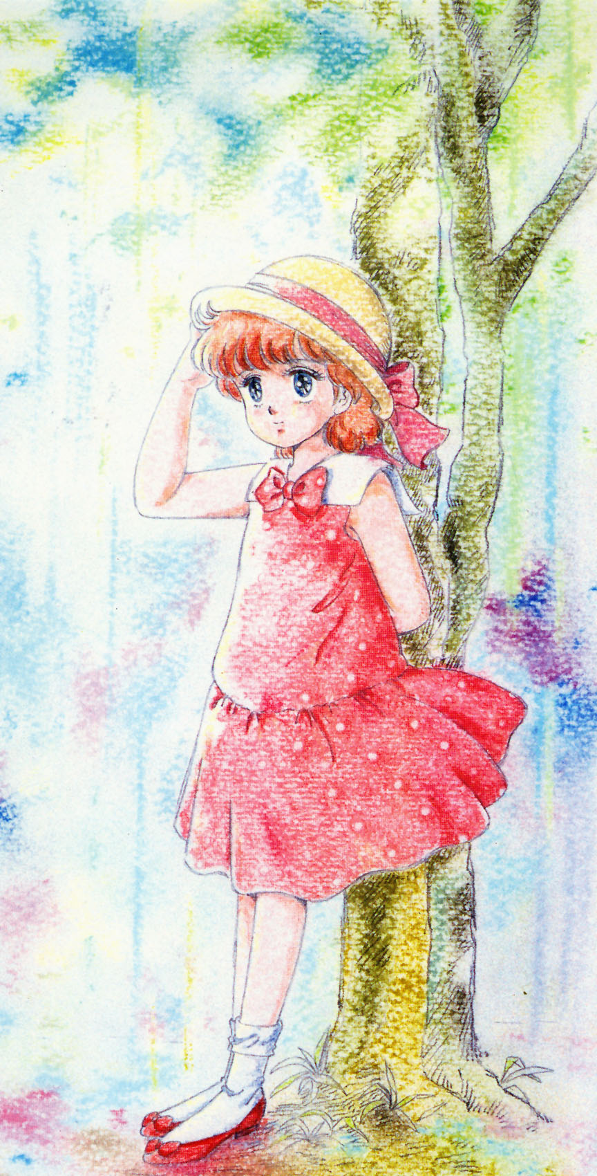 1980s_(style) 1girl against_tree arm_behind_back arm_up bangs blue_eyes dress hand_to_head highres kazuki_mai mahou_no_star_magical_emi non-web_source official_art outdoors polka_dot polka_dot_dress red_footwear redhead retro_artstyle short_dress short_hair sleeveless sleeveless_dress smile solo standing traditional_media tree