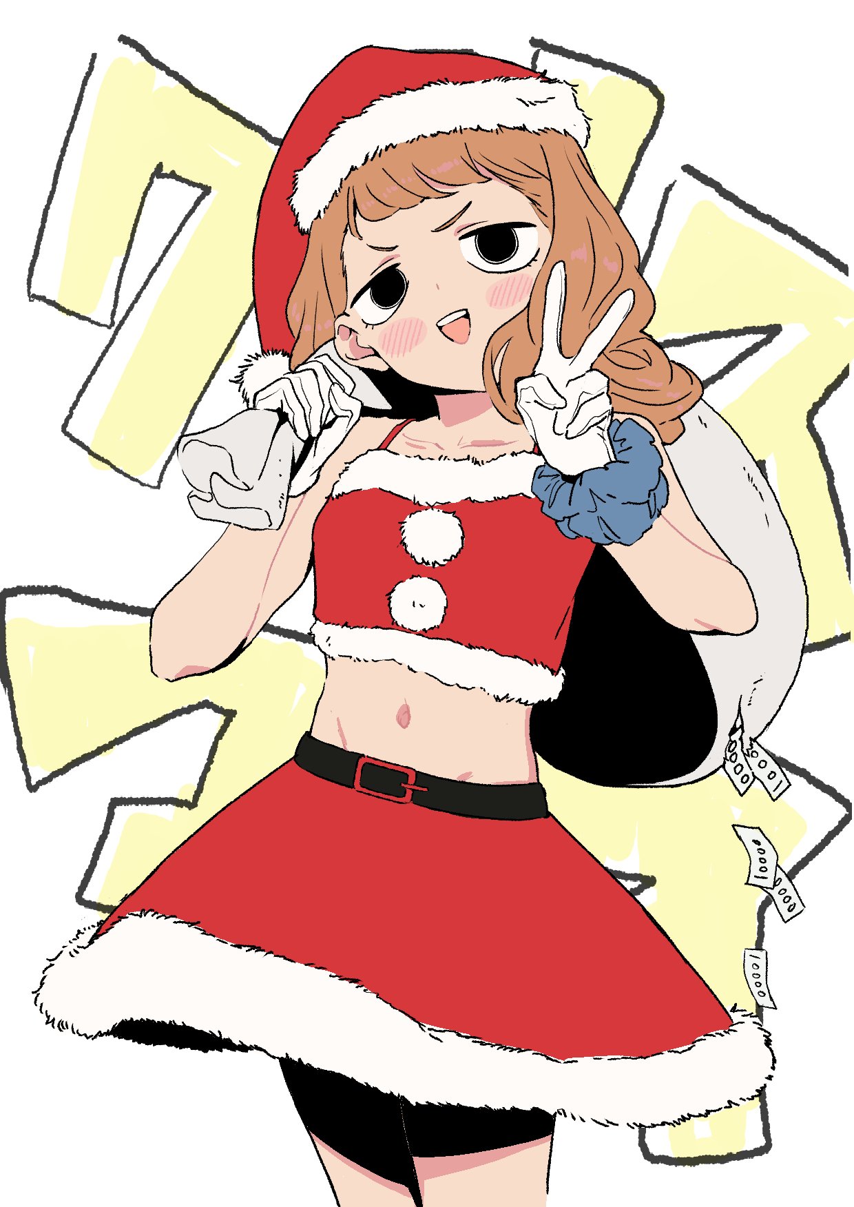 1girl :d black_eyes blush brown_hair christmas cowboy_shot fictional_persona gloves hands_up highres holding holding_sack long_hair looking_at_viewer midriff miniskirt navel open_mouth original osame pom_pom_(clothes) red_skirt sack santa_dress scrunchie skirt smile solo v white_gloves wrist_scrunchie