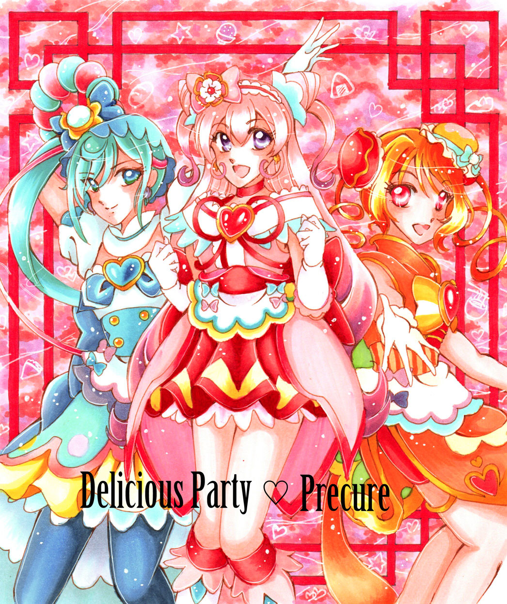 3girls :d ankle_bow apron arm_up armpits back_bow blonde_hair blue_bow blue_eyes blue_footwear blue_hair blue_legwear blue_skirt boots bow bun_cover choker closed_mouth cure_precious cure_spicy cure_yum-yum delicious_party_precure detached_collar double_bun drill_hair earrings elbow_gloves frilled_skirt frills full_body fuwa_kokone gloves hair_bow hair_cones hair_rings hanamichi_ran heart_brooch highres huge_bow jewelry knee_boots long_hair looking_at_viewer magical_girl multicolored_background multicolored_hair multiple_girls nagomi_yui official_style open_mouth orange_bow orange_footwear orange_skirt outstretched_hand pantyhose pink_bow pink_choker pink_hair pink_skirt precure purple_eyes red_eyes shiny shiny_hair shoes skirt smile striped striped_bow twin_drills two-tone_hair white_footwear white_gloves yuetchi