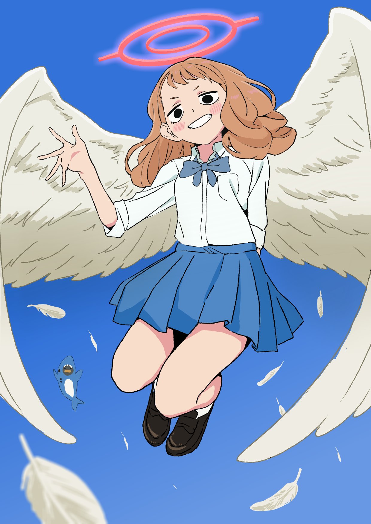 1girl angel_wings black_eyes blue_bow blue_bowtie blue_skirt blush bow bowtie brown_hair fictional_persona flying_sweatdrops grin halo hand_up highres loafers looking_at_viewer miniskirt original osame shirt shoes skirt smile solo waving white_shirt white_wings wings