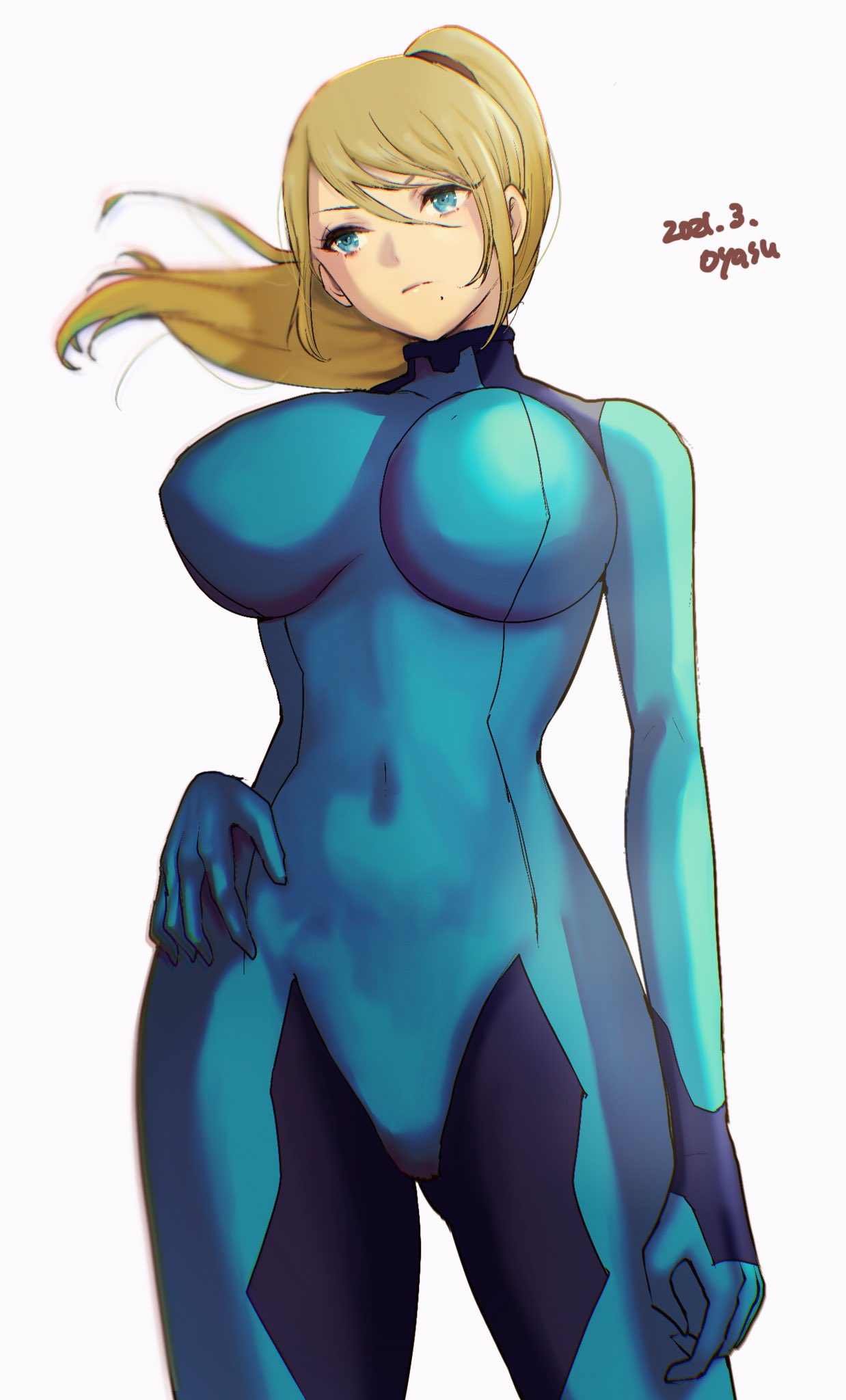 1girl blonde_hair blue_eyes bodysuit breasts closed_mouth covered_navel gloves highres large_breasts long_hair metroid mole mole_under_mouth oyasu_(kinakoyamamori) ponytail samus_aran simple_background skin_tight solo zero_suit