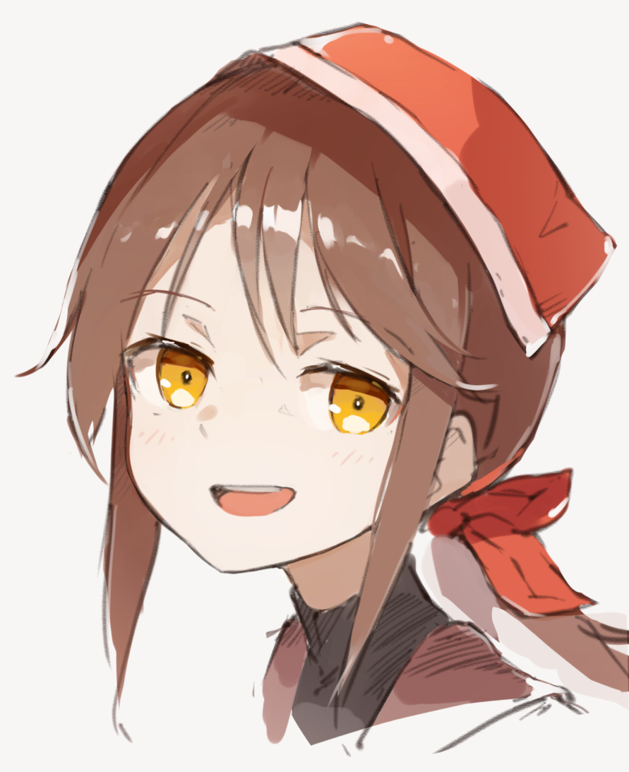 1girl bow brown_hair commentary_request face falcon_(girls'_frontline) girls_frontline hair_bow head_scarf looking_at_viewer open_mouth ponytail portrait red_bow red_headwear sidelocks simple_background smile solo suginakara_(user_ehfp8355) yellow_eyes