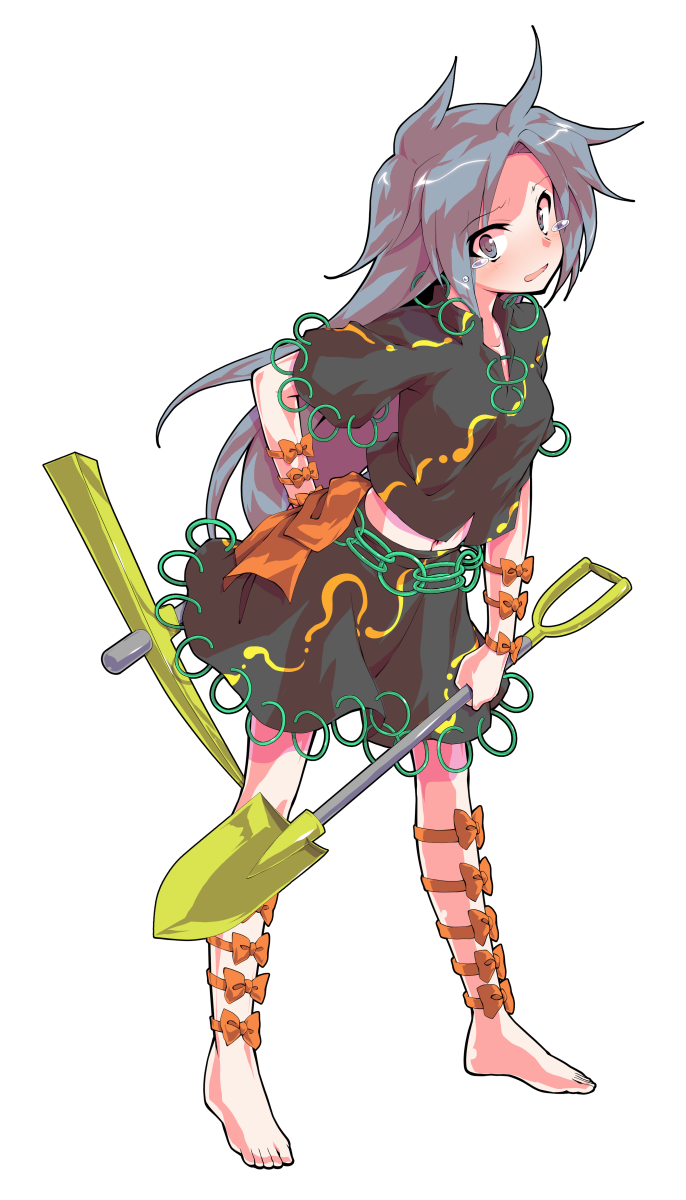 barefoot black_shirt black_skirt blush bow collared_shirt commentary_request dairi grey_eyes grey_hair highres himemushi_momoyo jewelry long_hair midriff open_mouth orange_bow pickaxe ring shirt shovel skirt standing tearing_up tears touhou transparent_background very_long_hair
