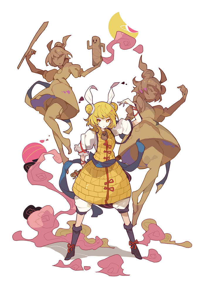 1girl arm_ribbon back_bow bangs barefoot belt blonde_hair blue_belt blue_bow boots bow breasts closed_mouth commentary_request double_bun dress dress_bow eyebrows_visible_through_hair flying footwear_bow hair_ribbon hand_up haniwa_(statue) ideolo joutouguu_mayumi jumping looking_to_the_side medium_breasts polearm puffy_short_sleeves puffy_sleeves purple_footwear red_bow red_ribbon ribbon shirt short_hair short_sleeves simple_background smoke solo spear standing touhou weapon white_background white_ribbon white_shirt yellow_dress yellow_eyes