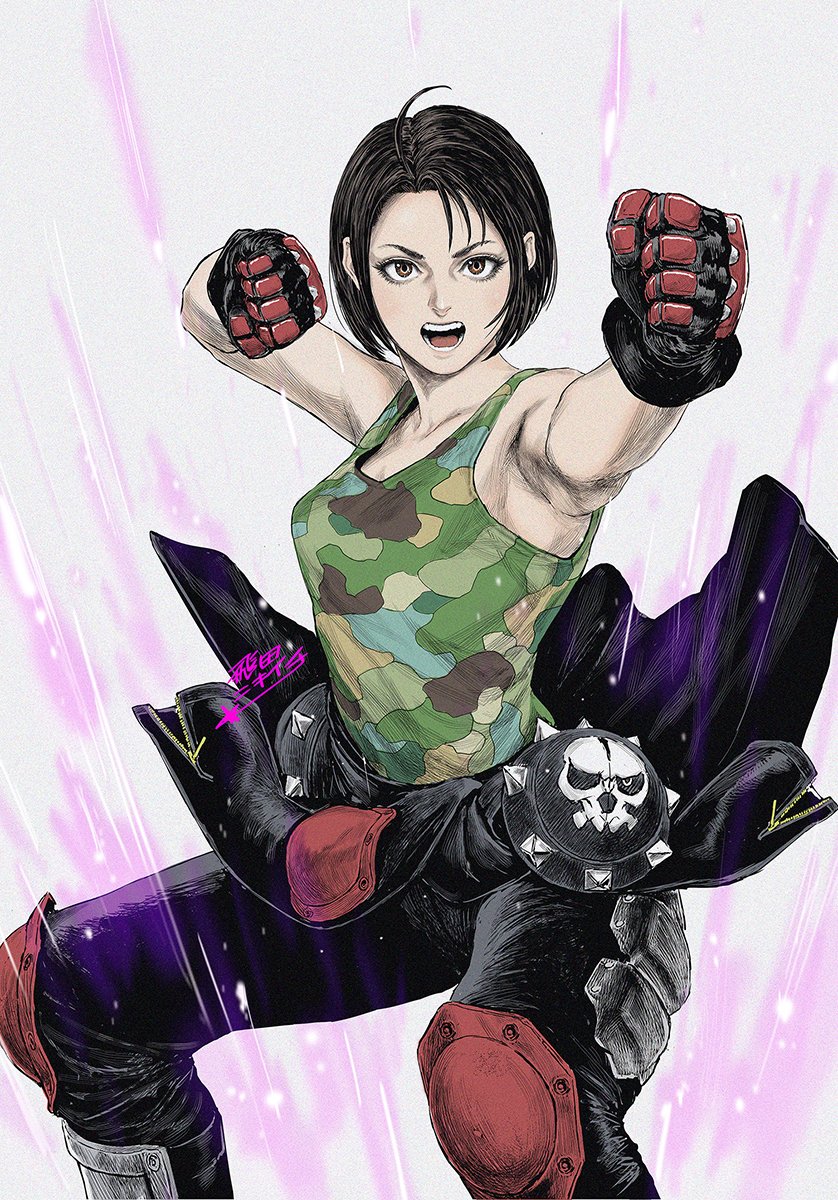 1girl ahoge breasts brown_eyes brown_hair camouflage camouflage_tank_top clothes_around_waist commentary_request gloves highres jacket jacket_around_waist kazama_akira looking_at_viewer medium_breasts open_mouth rival_schools short_hair solo street_fighter street_fighter_v tank_top tobita_nikiichi