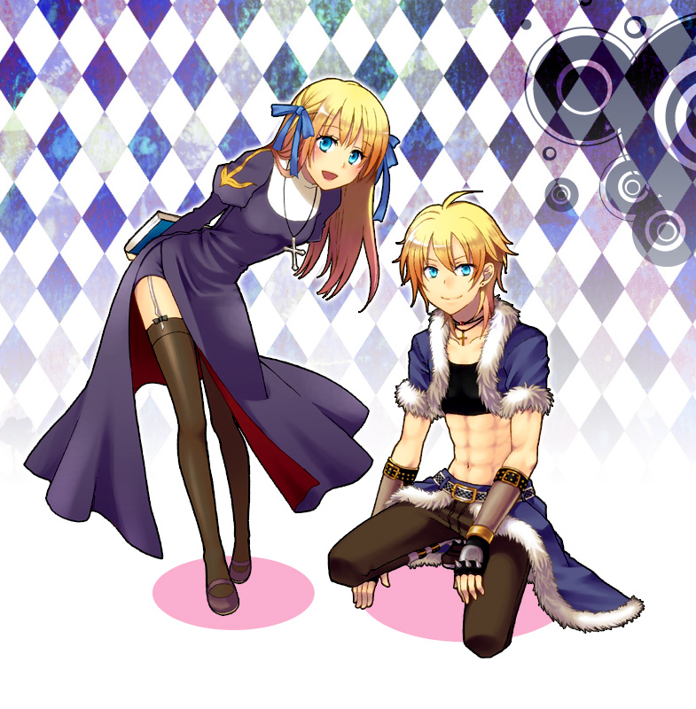 1boy 1girl abs argyle argyle_background bangs black_footwear black_gloves black_legwear black_shirt blonde_hair blue_bow blue_cape blue_eyes blue_jacket blush book bow breasts brown_pants cape closed_mouth commentary_request crop_top cross cross_necklace dress eyebrows_visible_through_hair fingerless_gloves full_body fur-trimmed_cape fur-trimmed_jacket fur_trim garter_straps gloves hair_bow holding holding_book jacket jewelry juliet_sleeves leaning_forward long_hair long_sleeves looking_at_viewer medium_breasts necklace open_clothes open_jacket open_mouth pants priest_(ragnarok_online) puffy_sleeves purple_dress ragnarok_online shirt shoes short_hair short_sleeves smile squatting stalker_(ragnarok_online) standing thigh-highs tsuki_miso vambraces waist_cape