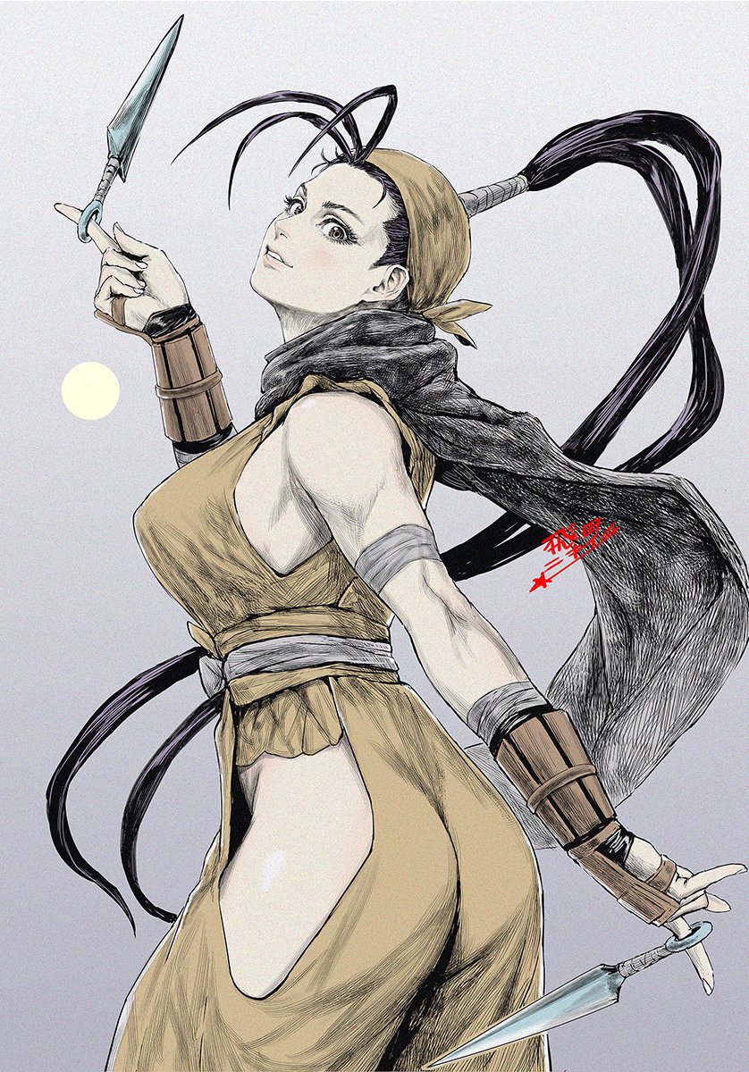 1girl bandaged_arm bandages bare_shoulders black_hair black_scarf blush brown_eyes brown_headwear fingernails gradient gradient_background grey_background hatching_(texture) highres hip_vent holding holding_weapon ibuki_(street_fighter) kunai long_hair ninja parted_lips ponytail scarf signature smile solo spinning spinning_weapon star_(symbol) street_fighter teeth tobita_nikiichi vambraces weapon