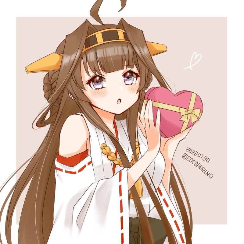 1girl ahoge box brown_hair cocoperino commentary_request dated detached_sleeves double_bun grey_eyes headgear heart japanese_clothes kantai_collection kongou_(kancolle) long_hair looking_at_viewer one-hour_drawing_challenge ribbon-trimmed_sleeves ribbon_trim solo twitter_username upper_body
