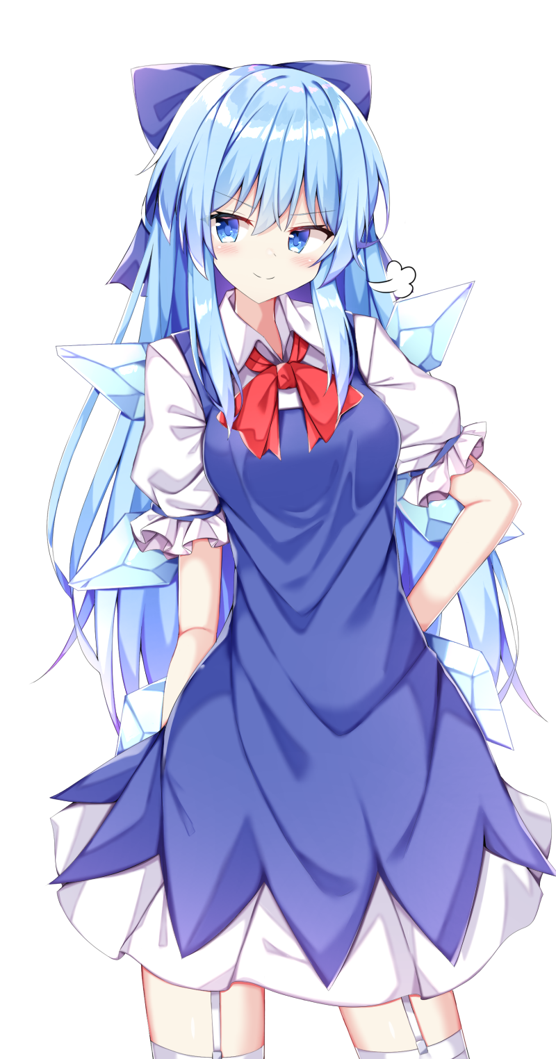 1girl =3 alternate_hairstyle blue_bow blue_dress blue_eyes blue_hair blush bow breasts cirno closed_mouth collared_shirt cowboy_shot dress eyebrows_visible_through_hair fairy garter_straps hair_between_eyes hair_bow highres ice ice_wings kuraaken large_breasts long_hair older puffy_short_sleeves puffy_sleeves shirt short_sleeves simple_background smile solo thigh-highs touhou v-shaped_eyebrows white_background white_legwear white_shirt wings