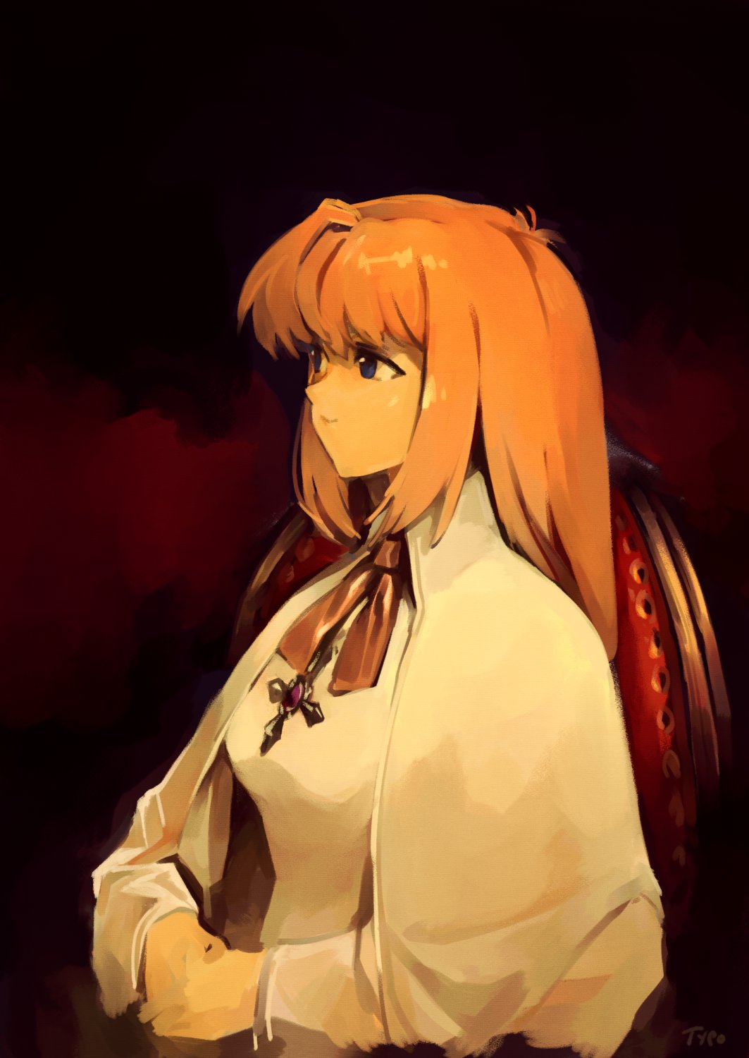 1girl black_background chair cross cross_necklace dress hands_on_lap highres jewelry long_hair looking_to_the_side neck_ribbon necklace optionaltypo orange_hair orange_ribbon ribbon sitting solo sophia_(xenogears) upper_body violet_eyes white_dress xenogears