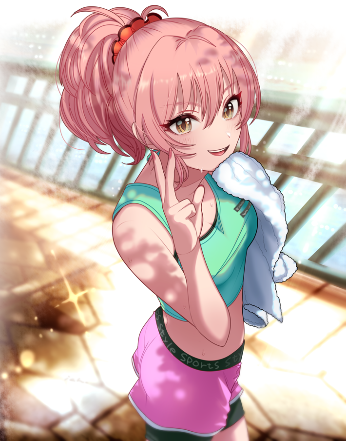 1girl ich. idolmaster idolmaster_cinderella_girls jougasaki_mika midriff nail_polish pink_hair ponytail short_shorts shorts sport sportswear sweat towel v