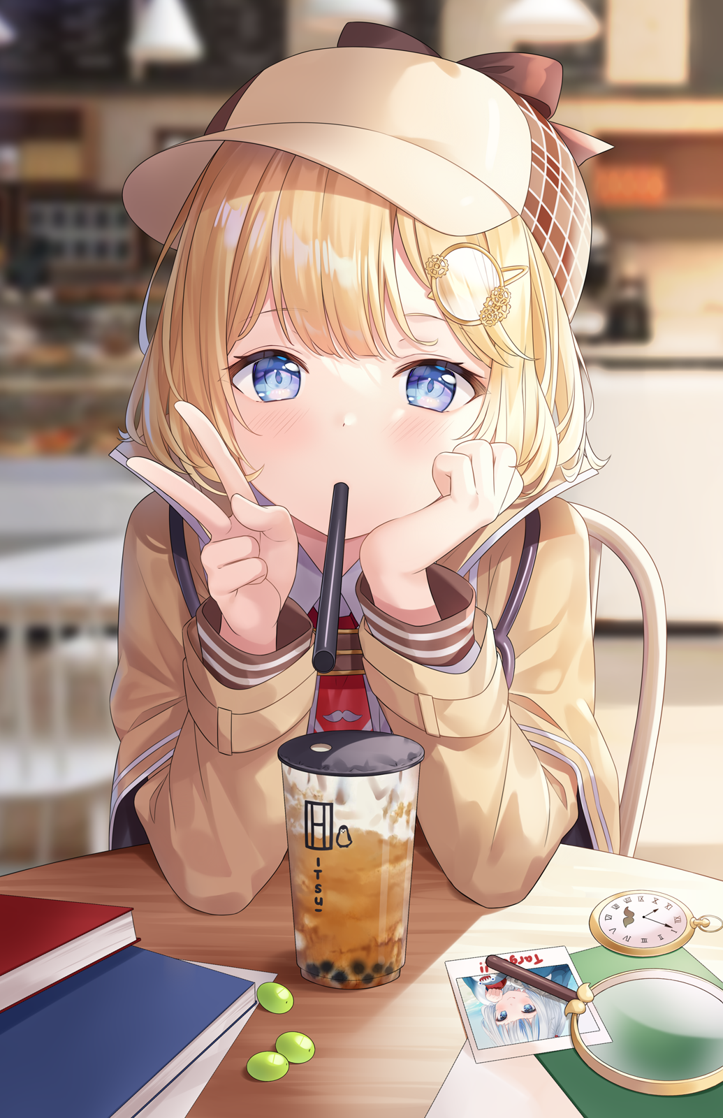 1girl animal_print bangs beige_jacket blonde_hair blue_eyes blurry blurry_background blush book breasts brown_capelet brown_headwear brown_jacket bubble_tea cameo capelet chair collared_shirt cup day depth_of_field detective disposable_cup drink drinking_straw elbows_on_table english_commentary eyebrows_visible_through_hair food fruit gawr_gura gears grapes hair_ornament hairclip hands_up hat head_rest highres hitsukuya hololive hololive_english indoors jacket large_breasts long_sleeves looking_at_viewer magnifying_glass monocle_hair_ornament mouth_hold mustache_print necktie on_chair photo_(object) plaid plaid_headwear pocket_watch pov_across_table red_necktie roman_numeral shirt short_necktie sitting solo straight-on table v virtual_youtuber watch watson_amelia white_shirt