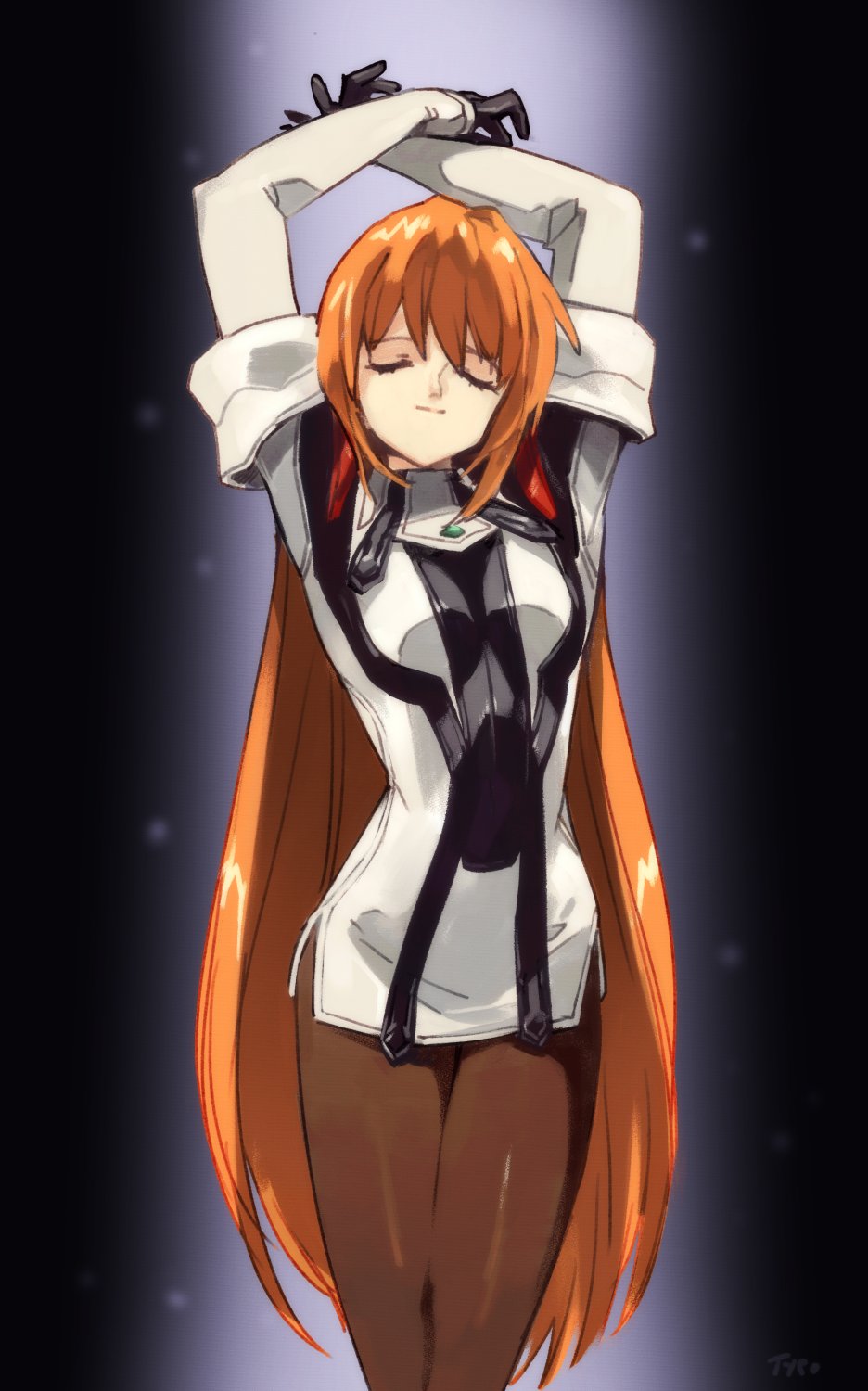 1girl arms_up closed_eyes closed_mouth dress elhaym_van_houten feet_out_of_frame gloves highres long_hair optionaltypo orange_hair pantyhose solo stretch uniform very_long_hair xenogears