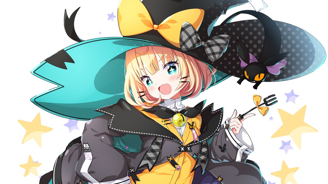 +_+ 1girl bell black_bow black_cat black_headwear black_jacket bow cat eyebrows_visible_through_hair fork green_nails grey_bow hair_bow hat head_tilt holding holding_fork jacket lucie_(millie_parfait) millie_parfait neck_bell nijisanji nijisanji_en off_shoulder orange_bow orange_sweater short_hair solo star_(symbol) sweater virtual_youtuber white_background witch_hat zzz_(zzz00166403zzz)