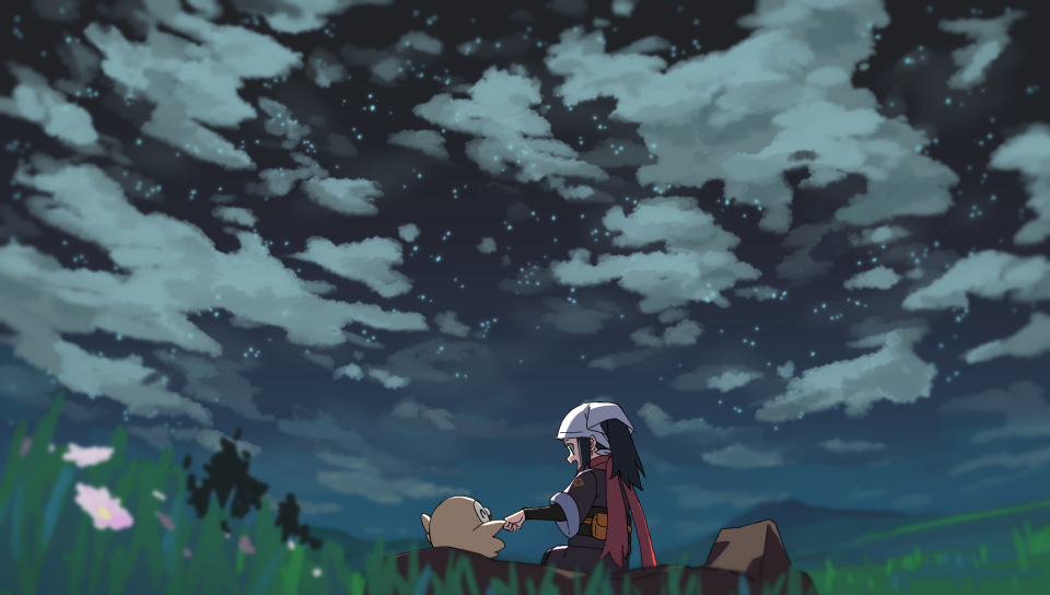 1girl akari_(pokemon) black_hair clouds fist_bump flower from_behind from_below grass head_scarf jacket long_hair night outdoors pink_flower pokemon pokemon_(creature) pokemon_(game) pokemon_legends:_arceus ponytail rock rowlet scarf shirt sidelocks sitting sky star_(sky) white_headwear yoko.u