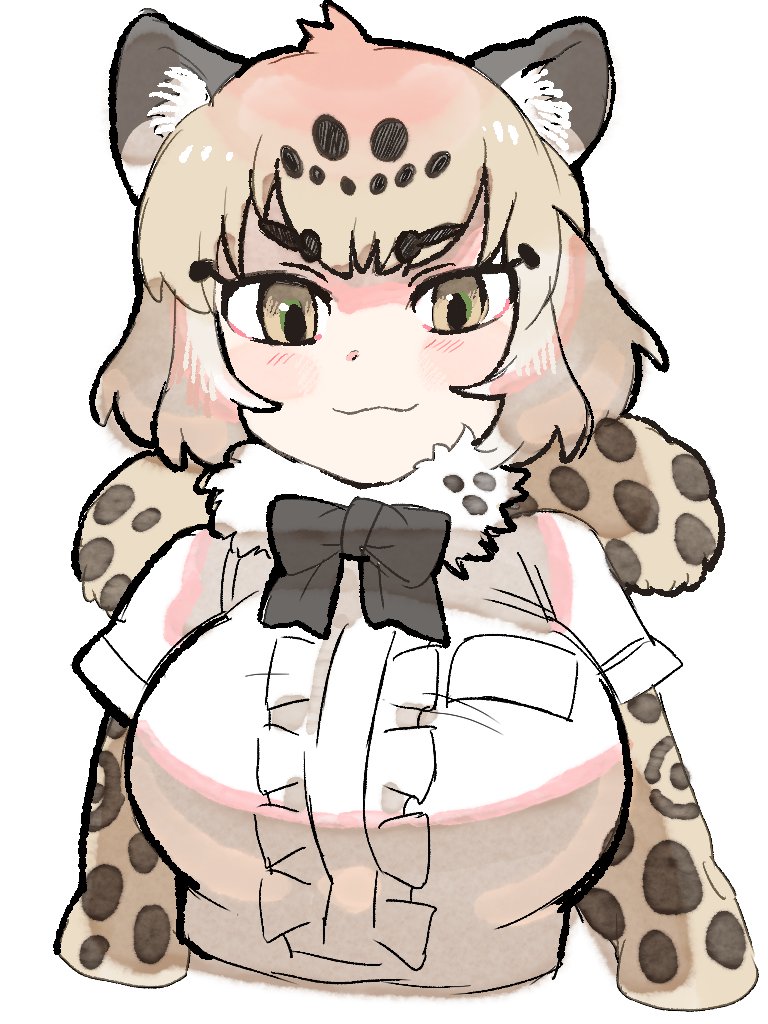 1girl :3 animal_ears arms_at_sides bangs black_bow black_bowtie black_hair blonde_hair bow bowtie breast_pocket breasts closed_mouth colored_inner_hair cropped_arms cropped_torso elbow_gloves eyebrows_visible_through_hair fur_scarf gloves green_eyes igarashi_(nogiheta) jaguar_(kemono_friends) jaguar_ears jaguar_print kemono_friends large_breasts looking_at_viewer medium_hair multicolored_eyes multicolored_hair pocket print_gloves print_scarf scarf shirt simple_background smile solo taut_clothes taut_shirt two-tone_hair upper_body white_background white_shirt yellow_eyes