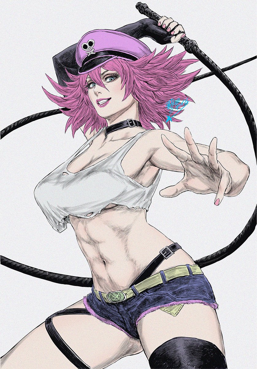 1girl abs arm_up bare_shoulders belt belt_buckle black_choker black_gloves blue_eyes buckle choker eyelashes fingerless_gloves fingernails gloves grey_background hair_between_eyes hat hatching_(texture) highres holding holding_weapon holding_whip incoming_attack light_blue_eyes long_eyelashes medium_hair navel pink_hair pink_headwear pink_lips pink_nails poison_(final_fight) signature simple_background single_glove single_thighhigh solo star_(symbol) street_fighter teeth thigh-highs thigh_strap tobita_nikiichi toned torn torn_clothes weapon whip