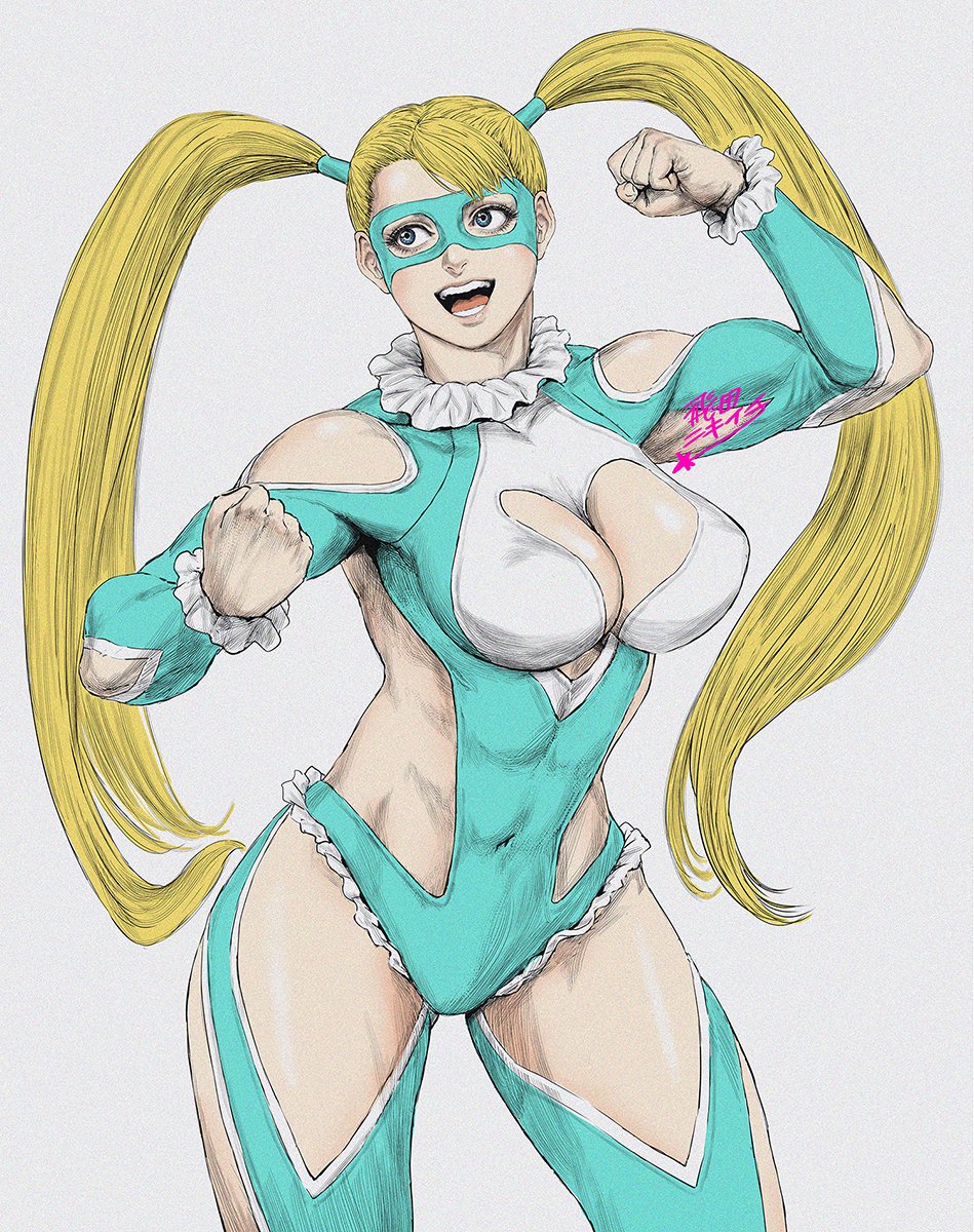 1girl armpits blue_eyes clenched_hands clothing_cutout covered_navel covered_nipples eye_mask fingernails frills grey_background hatching_(texture) heart heart_cutout highres long_hair mask open_mouth rainbow_mika shiny shiny_skin shoulder_cutout signature simple_background solo star_(symbol) street_fighter teeth tobita_nikiichi toned tongue twintails wrestling_outfit