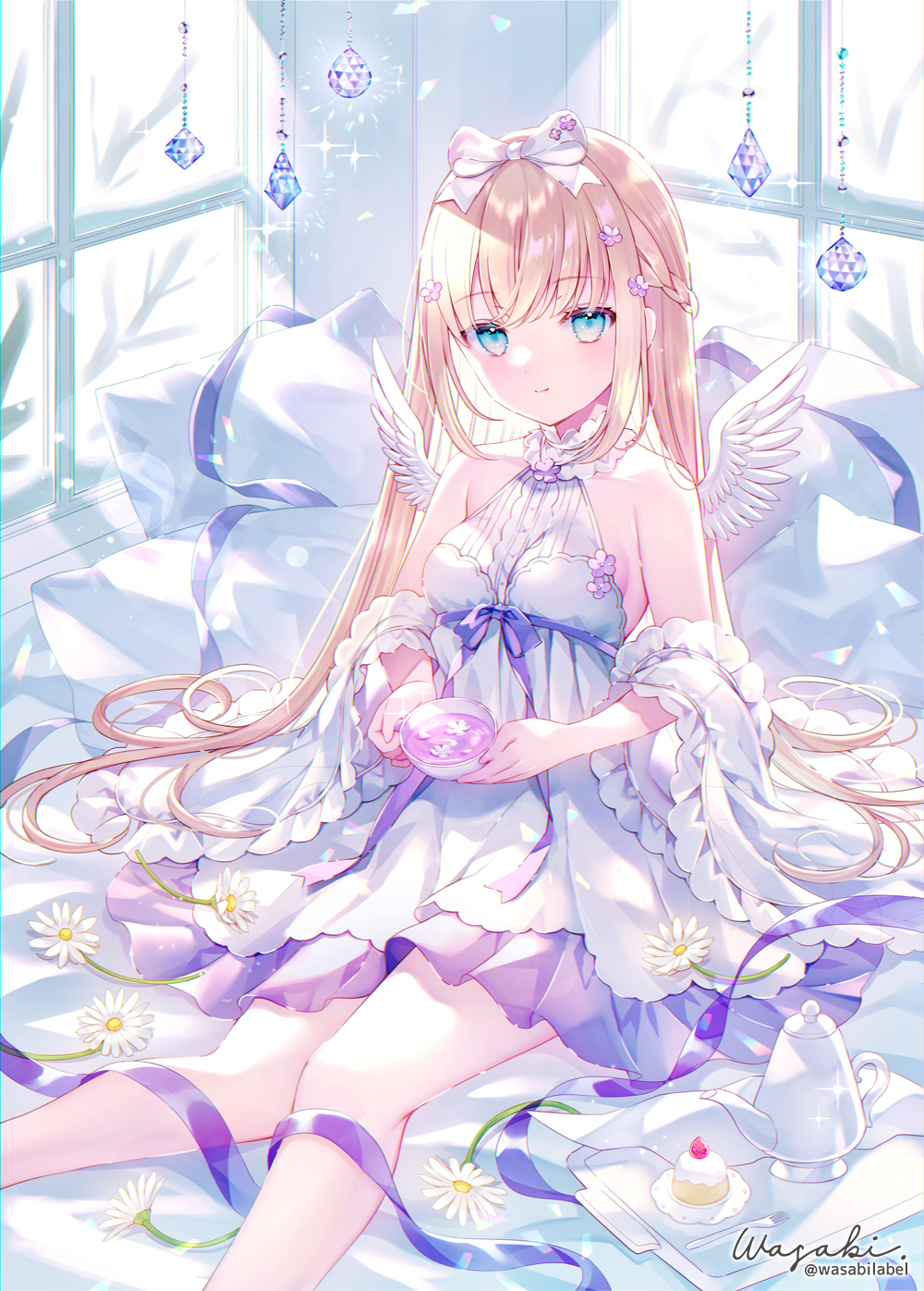 1girl angel_wings bare_shoulders bed_sheet bow breasts commentary_request cup detached_sleeves dress feathered_wings feet_out_of_frame flower flower_on_liquid food frilled_sleeves frills hair_bow highres holding holding_cup knees_together_feet_apart long_sleeves mini_wings original pillow saucer sleeveless sleeveless_dress small_breasts solo teapot tray wasabi_(sekai) white_bow white_dress white_flower white_sleeves white_wings wide_sleeves window wings