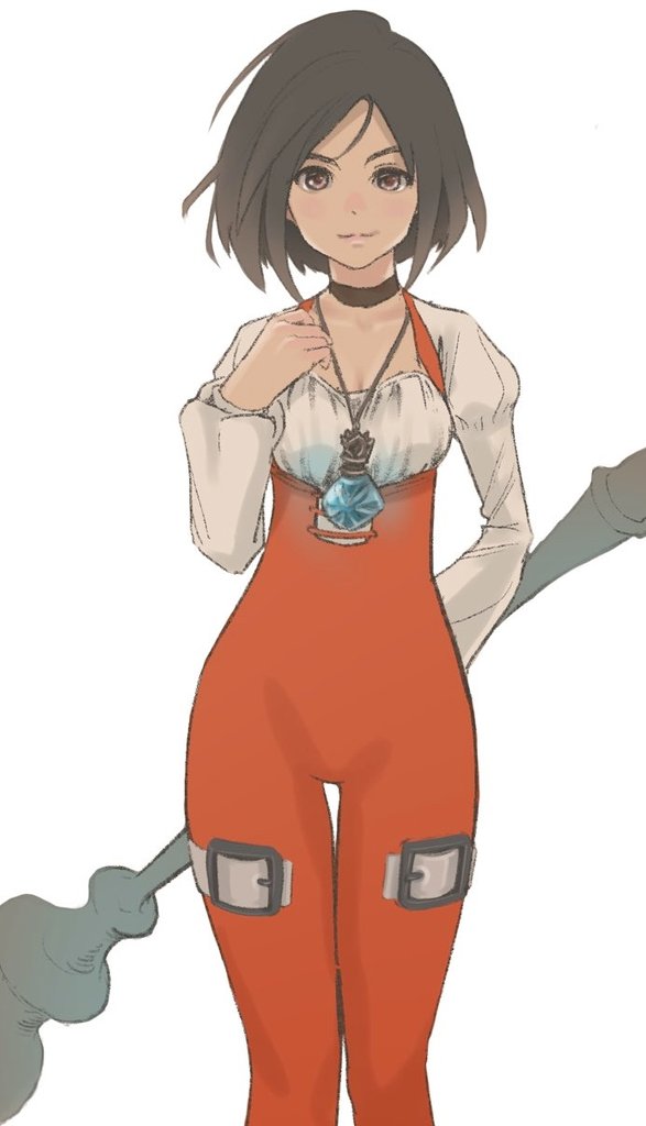 1girl black_hair bodysuit brown_eyes choker closed_mouth commentary final_fantasy final_fantasy_ix garnet_til_alexandros_xvii jamauchi jewelry looking_at_viewer necklace orange_bodysuit short_hair simple_background smile solo staff weapon white_background