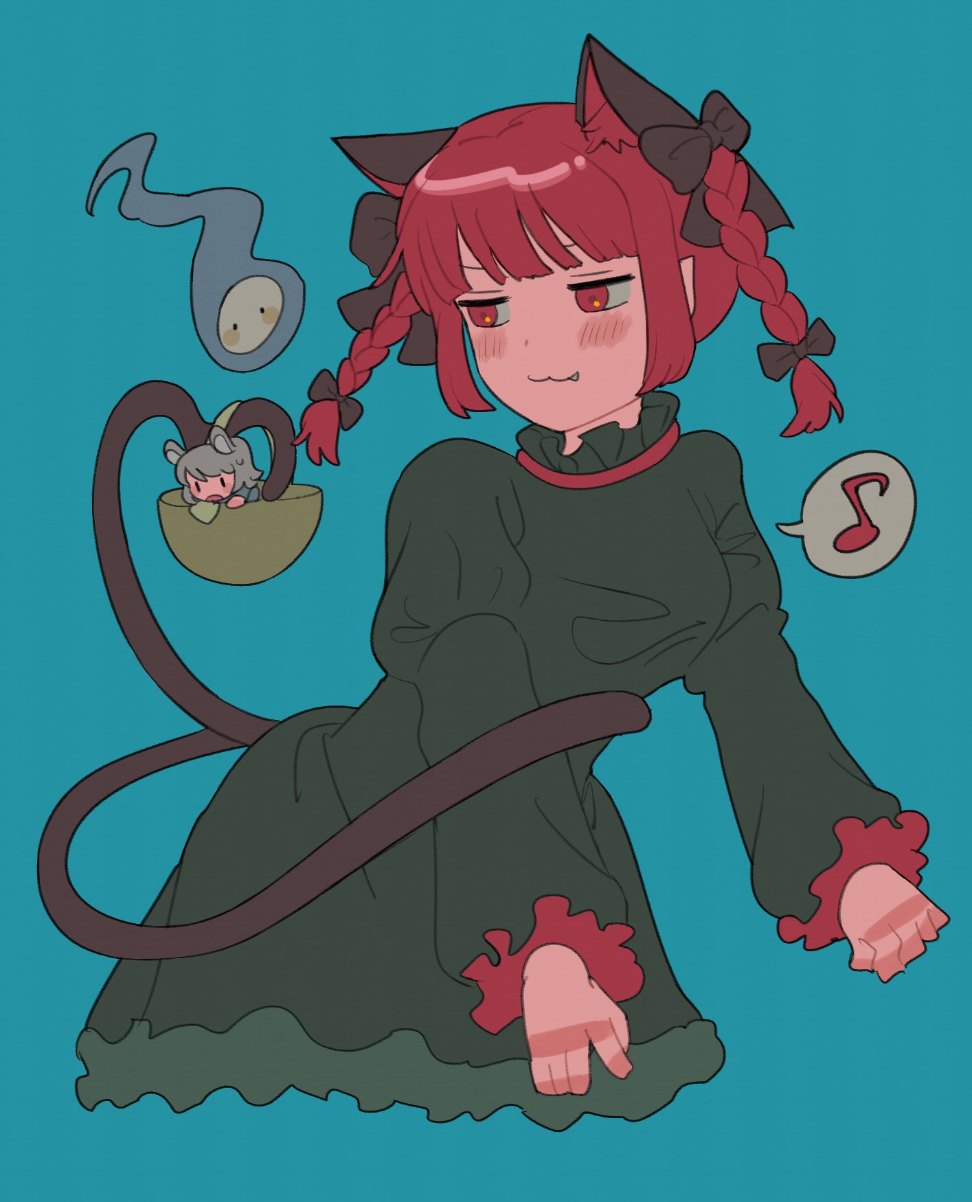 2girls :3 animal_ear_fluff animal_ears bangs black_bow blue_background blunt_bangs blush blush_stickers bow braid cat_ears cat_tail closed_mouth cowboy_shot cropped_legs dress extra_ears eyebrows_behind_hair fang fang_out frills green_dress grey_hair hair_bow hair_ribbon highres hitodama holding holding_with_tail invisible_object jitome juliet_sleeves kaenbyou_rin long_hair long_sleeves looking_at_viewer minigirl mouse_ears multiple_girls multiple_tails musical_note nazrin nekomata prehensile_tail puffy_sleeves rbfnrbf_(mandarin) red_eyes redhead ribbon short_hair simple_background spoken_musical_note tail touhou tress_ribbon twin_braids twintails two_tails |_|