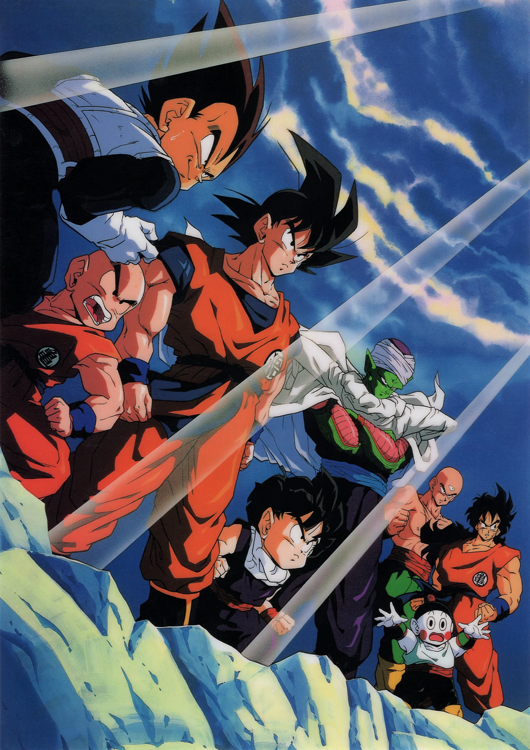 1990s_(style) 6+girls bald black_eyes black_hair cape chaozu colored_skin crossed_arms day dougi dragon_ball dragon_ball_z emblem father_and_son floating_cape gloves green_skin highres kuririn light_rays long_hair male_focus multiple_girls muscular muscular_male namekian non-web_source official_art open_mouth outdoors outstretched_arms piccolo pointy_ears retro_artstyle saiyan saiyan_armor serious short_hair sleeveless smile son_gohan son_goku standing tenshinhan third_eye topless_male turban vegeta white_gloves white_skin widow's_peak wristband yamcha
