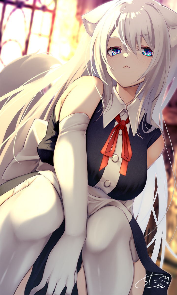 1girl :&lt; animal_ear_fluff animal_ears bangs bare_shoulders black_dress blue_eyes blurry blurry_background breasts chita_(ketchup) closed_mouth collared_dress depth_of_field dress elbow_gloves eyebrows_visible_through_hair feet_out_of_frame gloves grey_hair hair_between_eyes highres kneehighs long_hair maid medium_breasts neck_ribbon original red_ribbon ribbon signature sleeveless sleeveless_dress solo tail thigh-highs very_long_hair white_gloves white_legwear