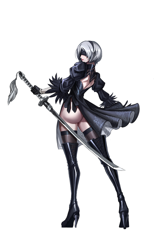 1girl 3ok ass back black_dress black_footwear boots dress from_side grey_hair high_heel_boots high_heels juliet_sleeves leotard lips long_sleeves nier_(series) nier_automata puffy_sleeves red_lips short_hair simple_background sword thigh-highs thigh_boots virtuous_contract weapon white_background white_leotard yorha_no._2_type_b