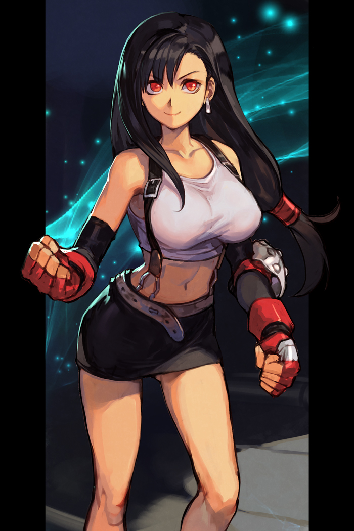 1girl bangs belt black_hair black_skirt breasts clenched_hands closed_mouth collarbone crop_top earrings elbow_gloves feet_out_of_frame female final_fantasy final_fantasy_vii fingerless_gloves gloves hair_between_eyes hankuri jewelry large_breasts lifestream long_hair looking_at_viewer low-tied_long_hair midriff miniskirt navel pencil_skirt ponytail red_eyes red_gloves simple_background skirt sleeveless slender_waist smile solo standing stomach suspender_skirt suspenders swept_bangs tank_top tied_hair tifa_lockhart white_background