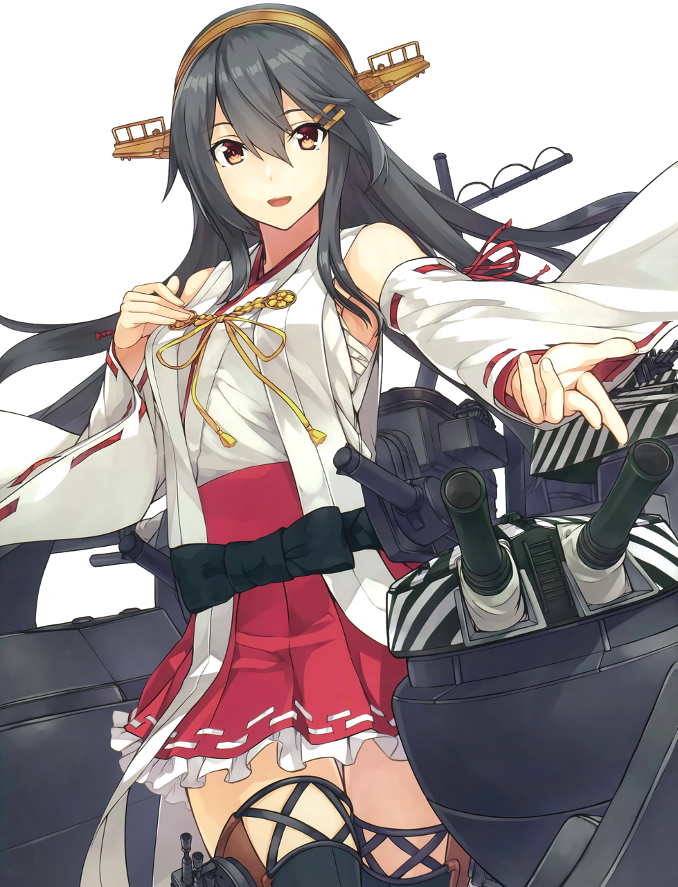 1girl arms_up bangs bare_shoulders black_ribbon breasts camouflage cherry_blossoms cowboy_shot eyebrows_visible_through_hair flower frills grey_hair hair_between_eyes hair_ornament hairclip hand_on_own_chest haruna_(kancolle) haruna_kai_ni_(kancolle) headgear highres kantai_collection konishi_(koconatu) large_breasts long_hair machinery nontraditional_miko official_art open_mouth outstretched_arm red_skirt ribbon sarashi scan ship skirt smile solo thigh-highs third-party_source transparent_background turret watercraft yellow_eyes zettai_ryouiki