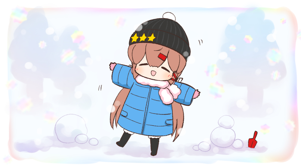1girl alternate_costume bangs beanie black_headwear blue_coat blush brown_hair chibi closed_eyes coat commentary_request hair_between_eyes hair_ornament hairclip hat kantai_collection long_hair long_sleeves open_mouth outdoors scarf snow snowball solo star_(symbol) tashkent_(kancolle) tree twintails very_long_hair white_scarf yuasa_makoto