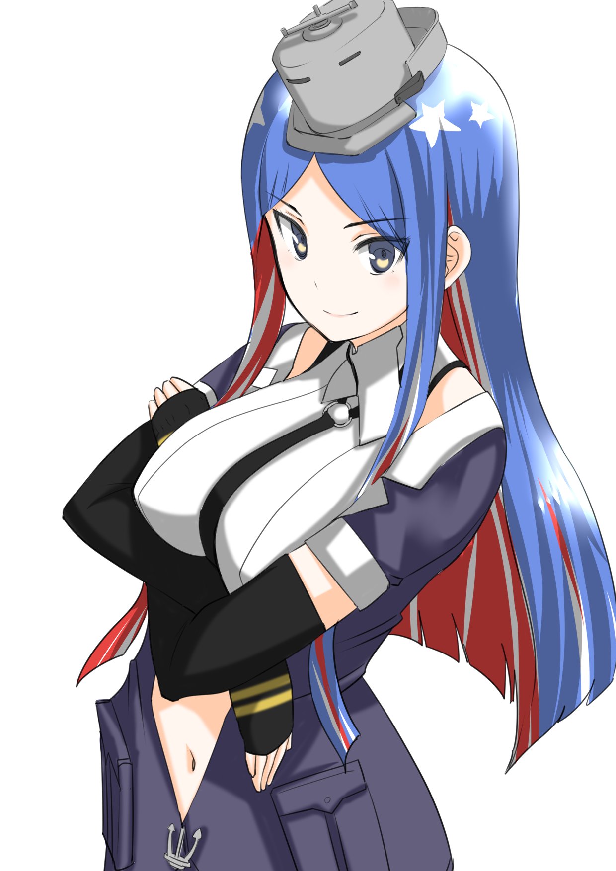 1girl 30-06 black_gloves black_necktie black_neckwear blue_hair breasts crop_top crossed_arms dress_shirt elbow_gloves gloves grey_eyes grey_jacket headgear highres jacket kantai_collection large_breasts long_hair multicolored_hair navel necktie open_clothes open_jacket redhead shirt short_sleeves simple_background sleeveless solo south_dakota_(kancolle) star_(symbol) upper_body white_background white_hair white_shirt