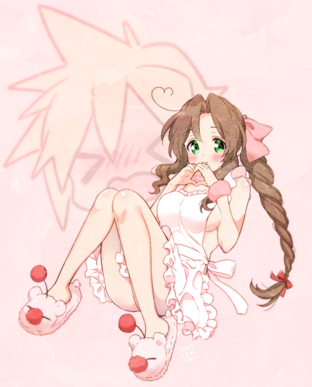 1girl aerith_gainsborough ahoge apron blush bow braid breasts brown_hair cloud_strife final_fantasy final_fantasy_vii green_eyes heart heart_hands krudears long_hair looking_at_viewer moogle naked_apron pink_bow simple_background slippers smile solo