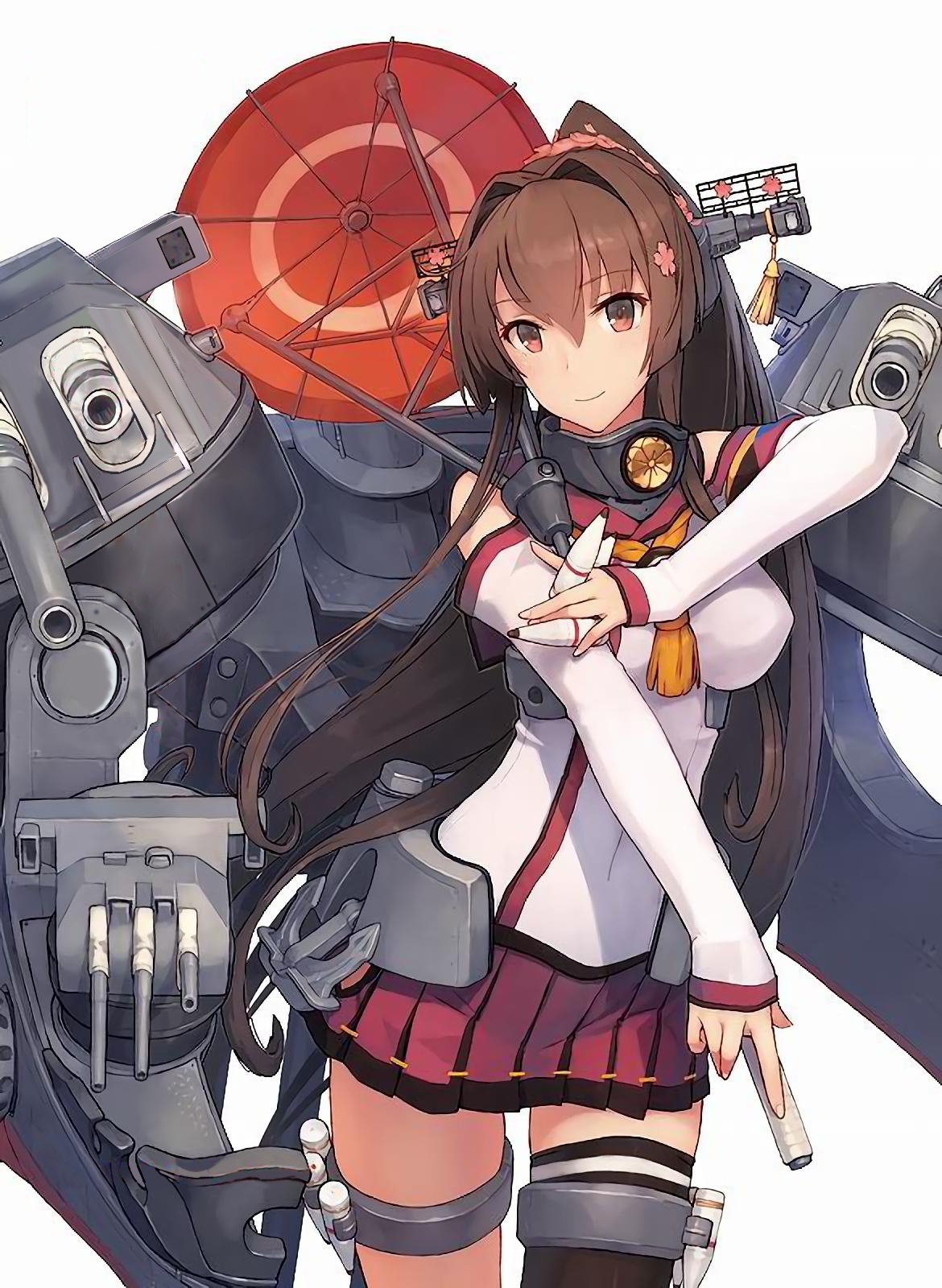 1girl album_cover ammunition anchor armband asymmetrical_legwear bangs breasts brown_hair cannon collar cover detached_sleeves flower hair_between_eyes hair_flower hair_ornament headgear highres hip_vent holster kantai_collection large_breasts long_hair looking_at_viewer miniskirt official_art oil-paper_umbrella outstretched_arm ponytail red_skirt red_umbrella scan shizuma_yoshinori simple_background single_thighhigh skirt smile solo standing thigh-highs thigh_holster thigh_strap third-party_source turret type_91_armor-piercing_shell umbrella uneven_legwear very_long_hair violet_eyes white_background yamato_(kancolle) z_flag