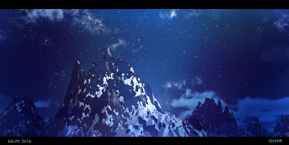 artist_name blue_sky clouds commentary_request dated english_text letterboxed mountain night no_humans original outdoors scenery sky snow star_(sky) starry_sky twitter_username waisshu_(sougyokyuu) watermark