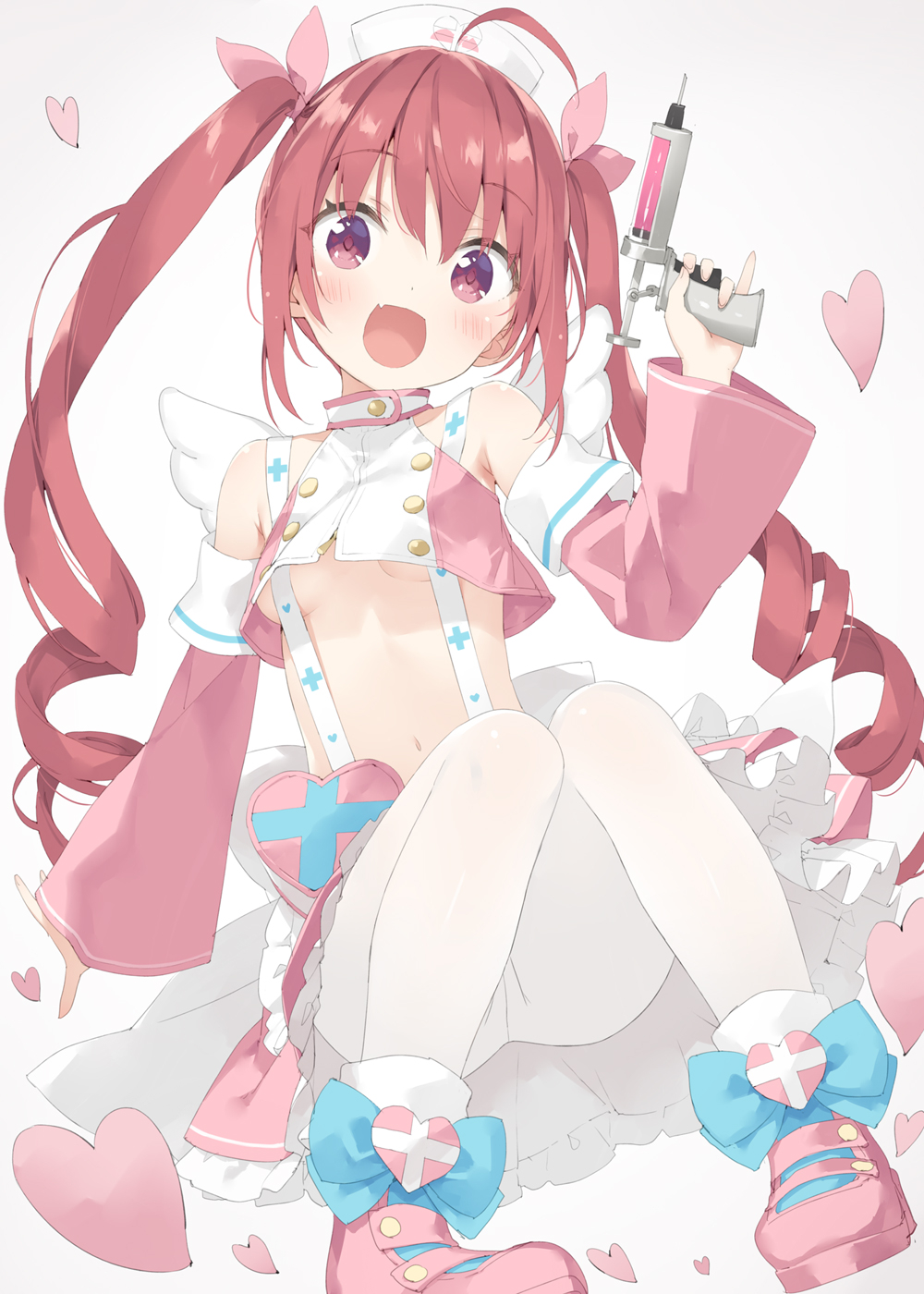 1girl :d ahoge angel_wings arm_up armpit_crease bangs bare_shoulders blue_bow blush bow breasts crop_top cross_print crotch_seam curly_hair detached_sleeves dot_nose eyebrows_visible_through_hair eyes_visible_through_hair fake_wings fang floating_hair footwear_bow frills full_body grey_background hair_between_eyes hair_ribbon hat hazuki_watora head_tilt heart heart_print high_collar highres holding holding_syringe kani_biimu knees_together_feet_apart knees_up long_hair long_sleeves looking_at_viewer midriff miniskirt muted_color navel nurse nurse_cap open_mouth original pantyhose petticoat pink_footwear pink_ribbon pink_skirt pink_sleeves pleated_skirt print_headwear redhead revealing_clothes ribbon ringlets shiny shiny_hair shiny_skin shoes sidelocks simple_background skin_fang skirt sleeveless small_breasts smile solo stomach suspender_skirt suspenders syringe syringe_gun twintails under_boob upskirt very_long_hair vignetting violet_eyes white_headwear white_legwear white_wings wide_sleeves wings wrist_extended zipper zipper_pull_tab