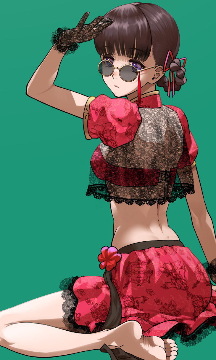 1girl barefoot bra braid brown_hair character_request closed_mouth gloves green_background hair_ribbon hand_up highres hoshino_me_wo_tsubutte. lace lace_gloves looking_at_viewer looking_back nagashii_kouhei puffy_short_sleeves puffy_sleeves red_bra red_ribbon red_skirt ribbon round_eyewear short_sleeves simple_background skirt soles solo sunglasses toes underwear violet_eyes