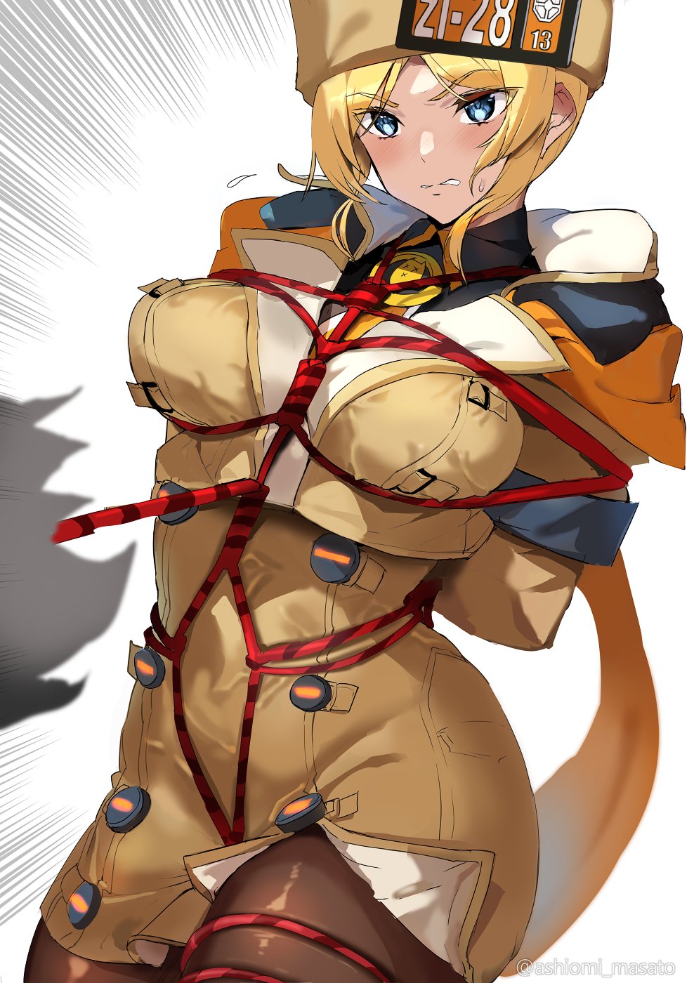 1girl arm_scarf arms_behind_back ashiomi_masato bangs bdsm blonde_hair blue_eyes blush bondage bound breast_squeeze breasts brown_coat buttons clenched_teeth coat fur_hat guilty_gear guilty_gear_strive hat highres large_breasts leggings millia_rage rope shibari simple_background solo sweatdrop teeth twitter_username ushanka white_background