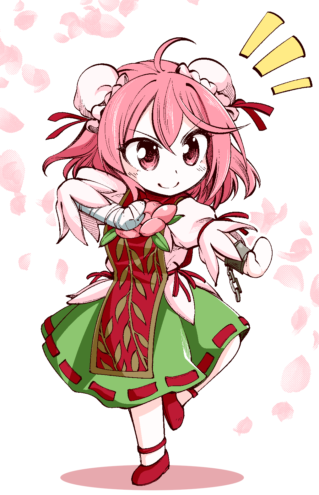0-den 1girl ahoge bandaged_arm bandages bun_cover chibi cuffs double_bun fighting_stance flower full_body green_skirt highres ibaraki_kasen leaf_print leg_up looking_to_the_side medium_hair notice_lines petals pink_eyes pink_flower pink_hair puffy_short_sleeves puffy_sleeves red_footwear red_ribbon ribbon shackles short_sleeves simple_background skirt solo standing standing_on_one_leg tabard touhou v-shaped_eyebrows white_background