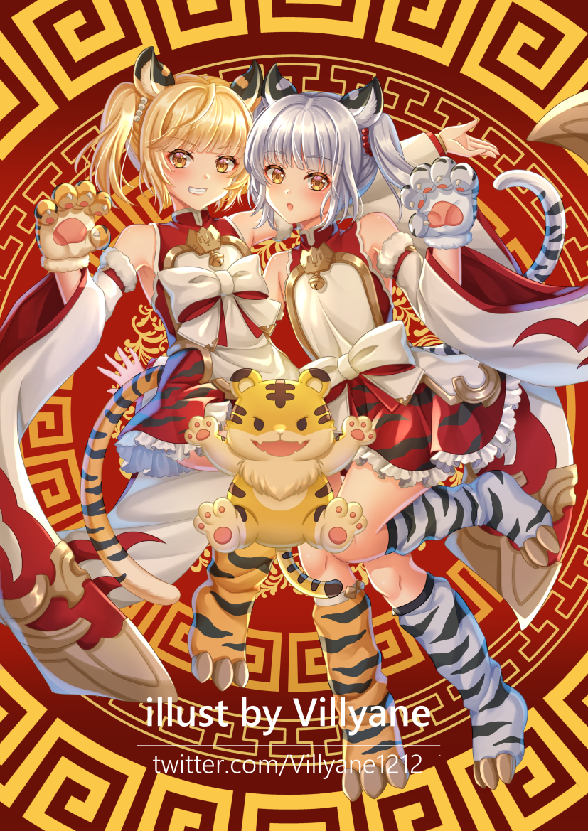 2girls animal animal_ear_fluff animal_ears animal_hands animal_print artist_name bai_(granblue_fantasy) bare_shoulders blonde_hair blush bow brown_eyes brown_gloves brown_legwear cidala_(granblue_fantasy) commentary_request detached_sleeves dress gloves granblue_fantasy grey_gloves grey_legwear grin huang_(granblue_fantasy) laolao_(granblue_fantasy) long_sleeves looking_at_viewer multiple_girls open_mouth outstretched_arm paw_gloves red_dress silver_hair sleeveless sleeveless_dress smile tail tiger tiger_ears tiger_girl tiger_print tiger_tail twintails villyane watermark web_address white_bow white_sleeves wide_sleeves