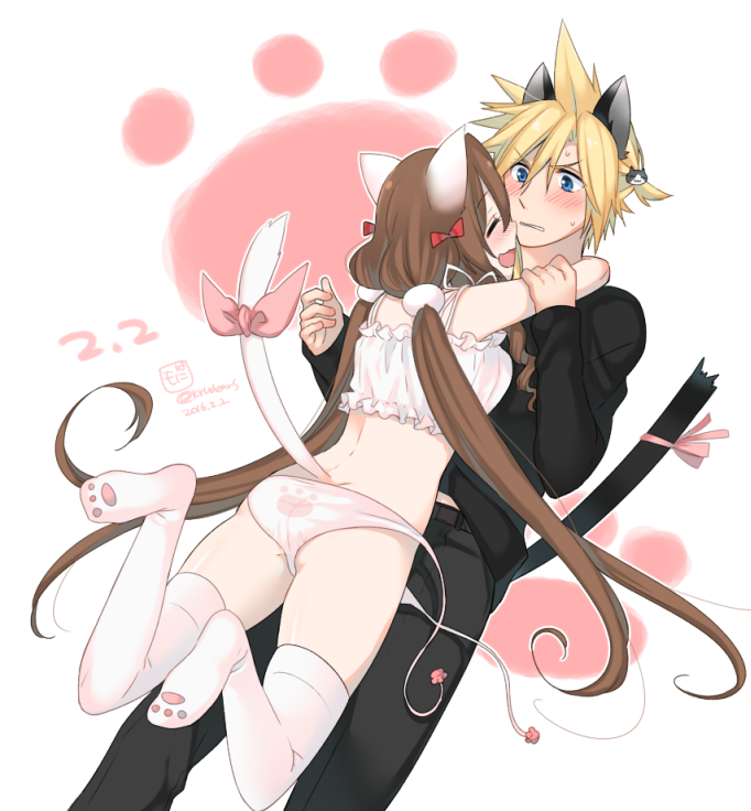 1boy 1girl aerith_gainsborough animal_ears ass blonde_hair blush breasts brown_hair cat_ears cat_tail cloud_strife final_fantasy final_fantasy_vii krudears long_hair open_mouth panties paw_print paw_print_soles smile tail thigh-highs twintails underwear