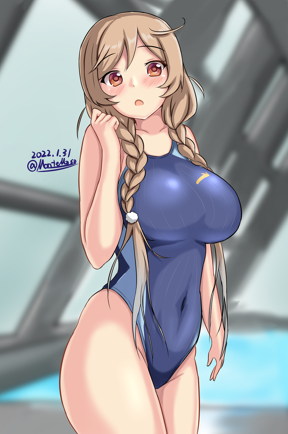 1girl alternate_breast_size blue_swimsuit blush braid breasts brown_eyes cloud_hair_ornament competition_swimsuit covered_navel cowboy_shot embarrassed eyebrows_visible_through_hair hair_between_eyes highleg highleg_swimsuit highres indoors kantai_collection large_breasts light_brown_hair long_hair low_twin_braids minegumo_(kancolle) montemasa one-hour_drawing_challenge one-piece_swimsuit pool rei_no_pool swimsuit twin_braids twitter_username